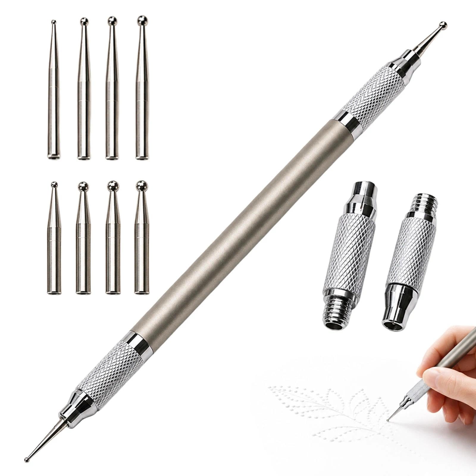 8 in 1 Embossing Scoring Stylus Tool, Stainless Steel Interchangeable Dotting Pen with 8 Tips (0.7mm-3mm), Matt Silver/Gold Tone for Parchment Craft, Leatherwork, Art & Card Making