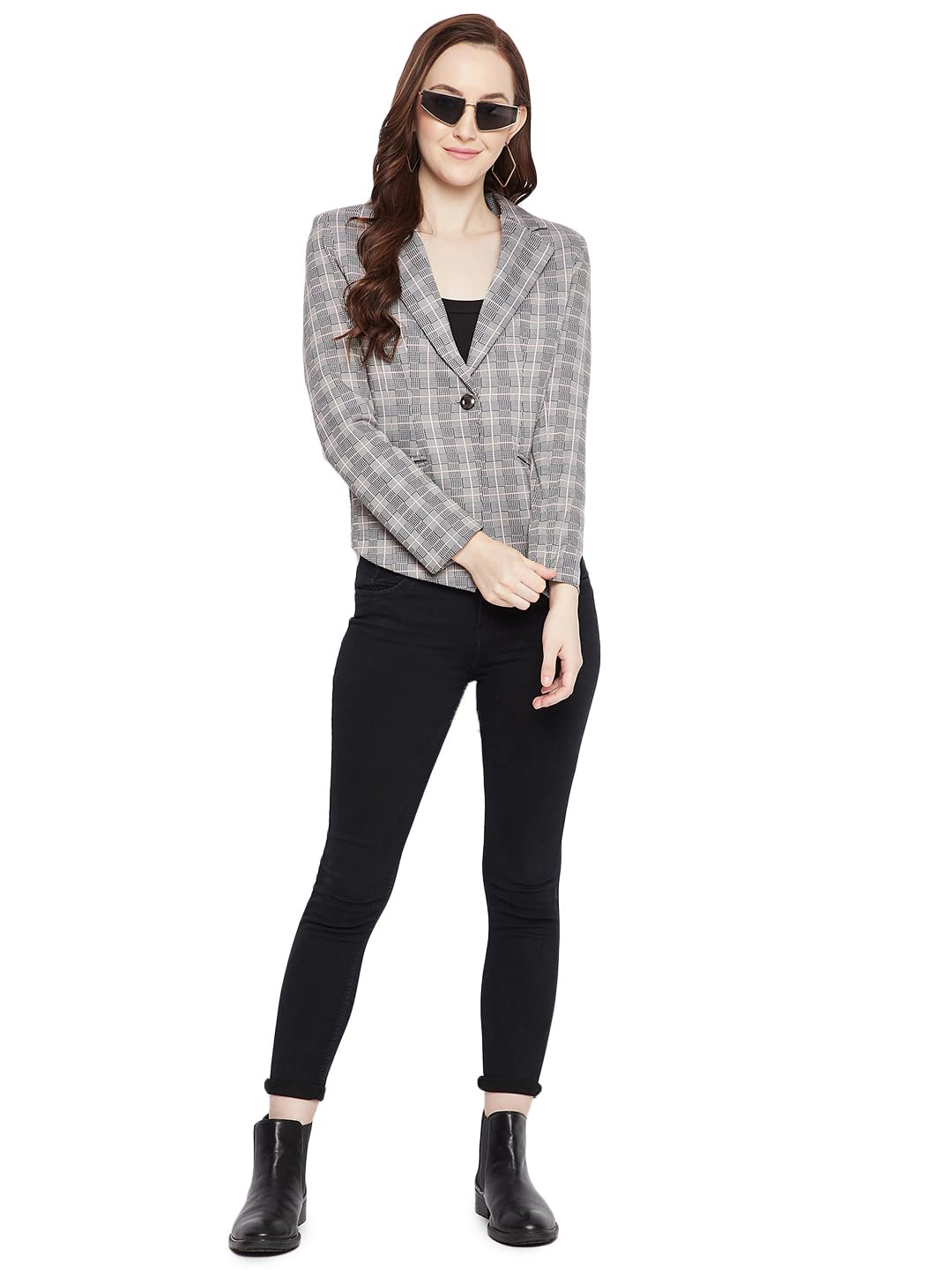 crimsoune club Women Grey Checked Notched Lapel Blazer-picture-30