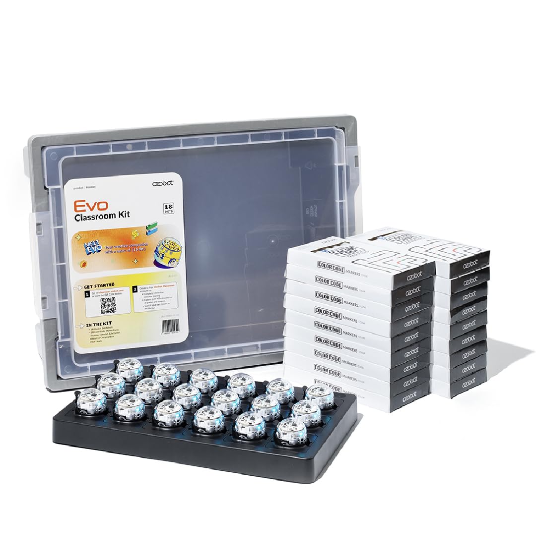 Ozobot Evo Classroom Kit (18 Bots): Interactive Coding Robot, Kids Ages 5+, Includes 18 Evo Robots, Color Code Markers, Charging Cradle, Bot Stickers, Access to 700+ STEAM Lessons, Educators & Parents Evo Classroom Kit - 18