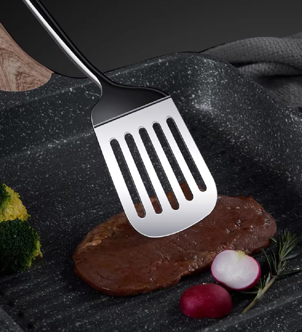 Juego de utensilios de cocina de acero inoxidable, 6 herramientas de cocina, incluyendo espátula, cuchara de sopa, volteador, servidor de pasta y pala con fugas para cocinar y servir