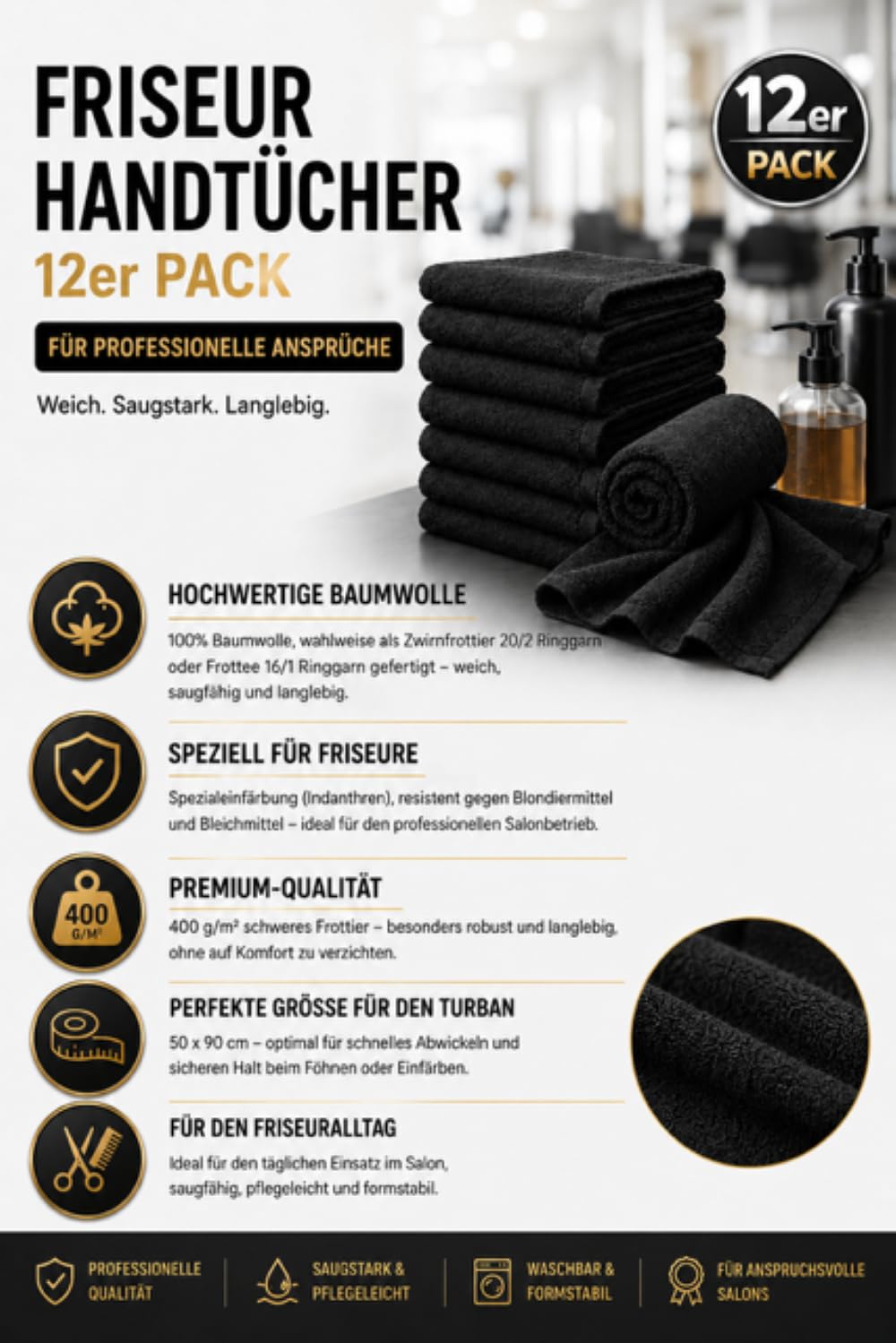 Friseurhandtuch Telo asciugamano professionale da parrucchiere, confezione da 12 pezzi, nero, non stinge, 100% cotone 2, spugna a filo ritorto, 40 x 90 cm
