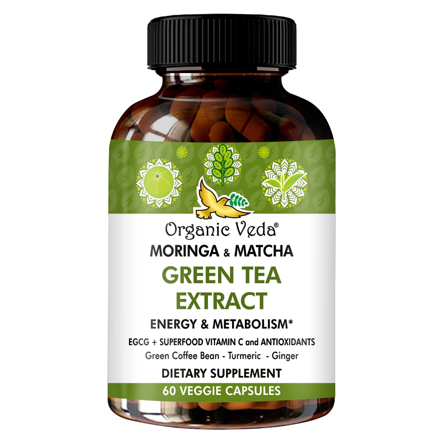 Organic Veda Green Tea Extract ECGC Capsules - Antioxidants Rich Matcha, Green Coffee Bean, Turmeric, Moringa, Vitamin C - Energy, Metabolism, Brain, Immune & Heart Health Supplement - 60 Pills