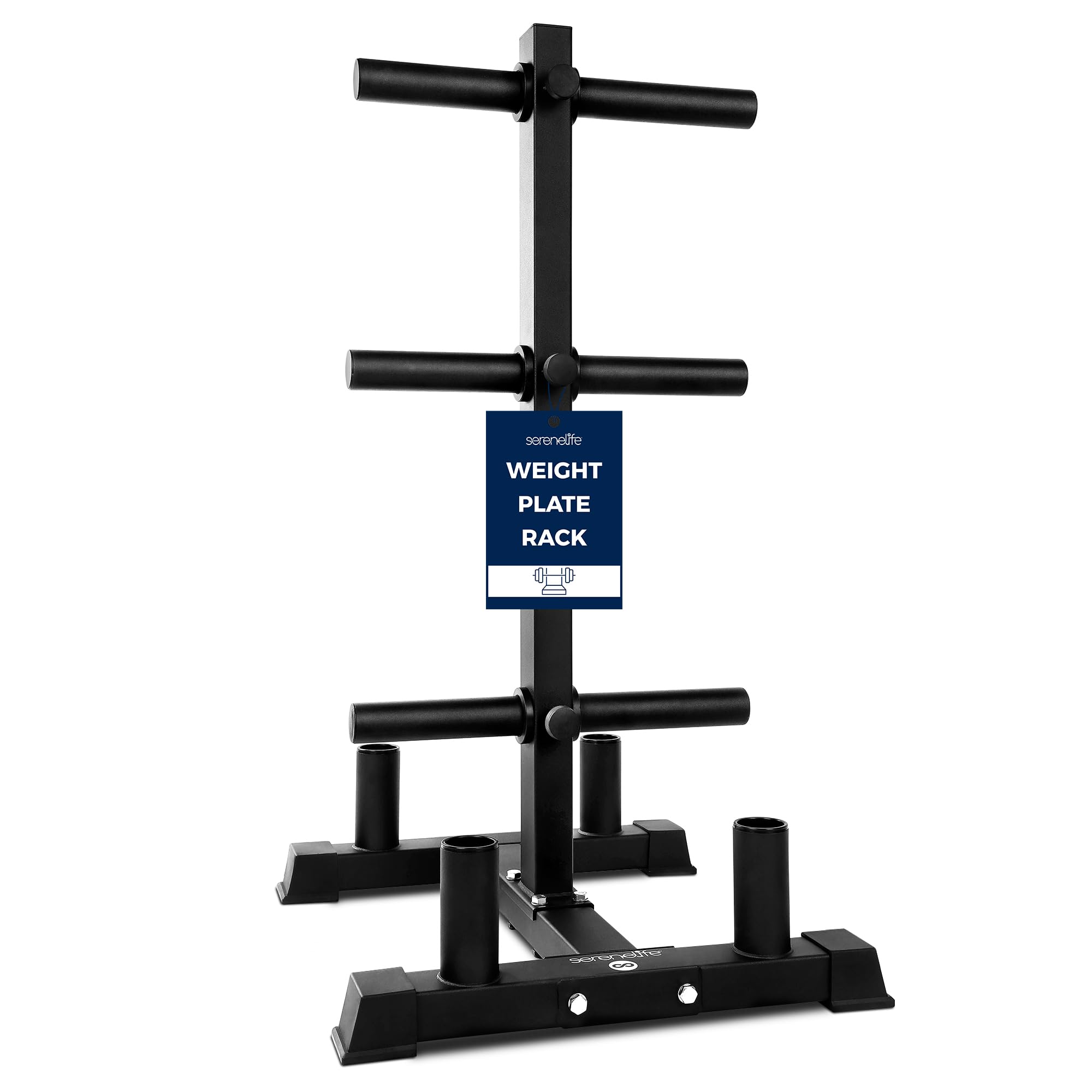 SereneLife 6-Pegs Olympic Weight Plate Rack & 4 Barbells – 363 kg Capacity, Heavy-Duty Gym Organiser, Scratch-Resistant Frame, Powder-Coat Finish, Easy to Assemble, Compact & Space-Saving