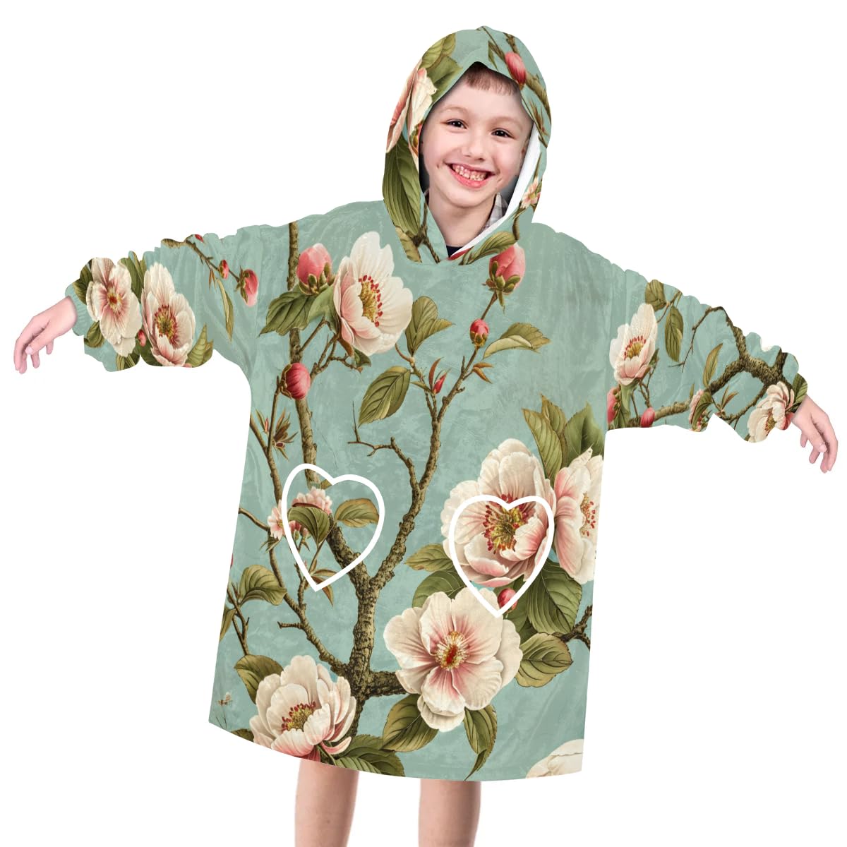 Wearable Blanket Hoodie for Kids, Flower Peach Blossom Fleece Sweatshirt Blanket Oversized Blanket Sweatshirt with Pocket Flannel Warm Hooded Blanket 6-10 Year Old Girl Boy Gift, One Size