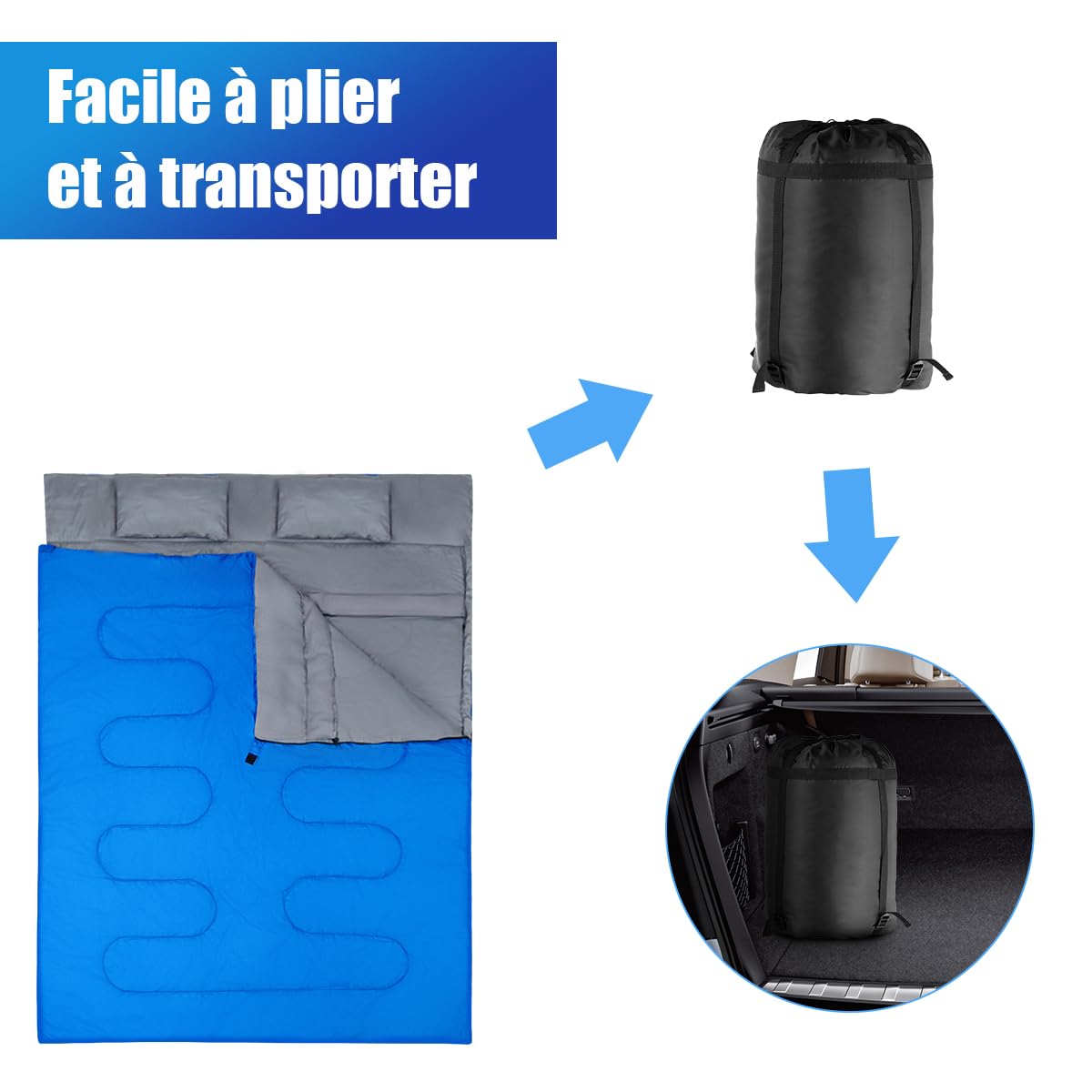 GYMAX Sac de Couchage Adulte pour 2 Personnes avec Oreillers | Imperméable et Léger pour Camping et Randonnée, 3 Saisons, Rectangulaire Spliceable, Fermetures Éclairs, 220 x 150 cm