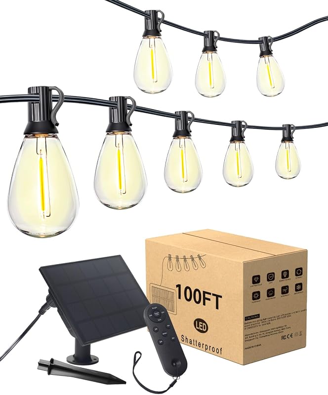 Cadena de luces solares de 100 pies al aire libre impermeable, 35 bombillas LED S11 E12, control remoto, temporizador regulable, 3 modos, luces de patio al aire libre con energía solar para patio trasero, terraza, jardín, uso colgante