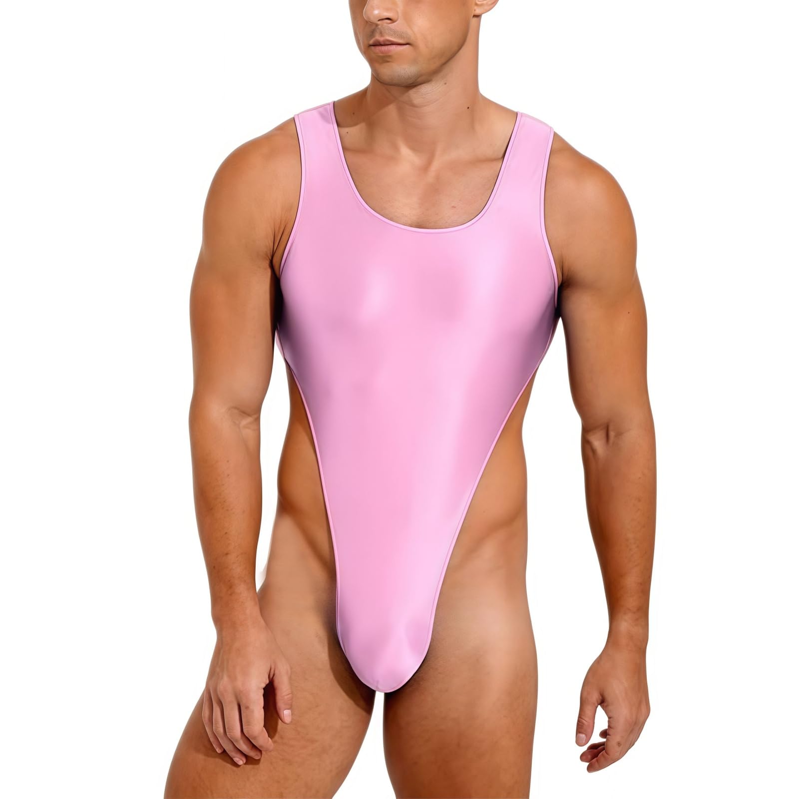 Justaucorps brillant pour hommes, sans manches col en U coupe haute body de gymnastique, combinaison de danse extensible à dos bas, solide coupe ajustée justaucorps une pièce pour l'entraînement