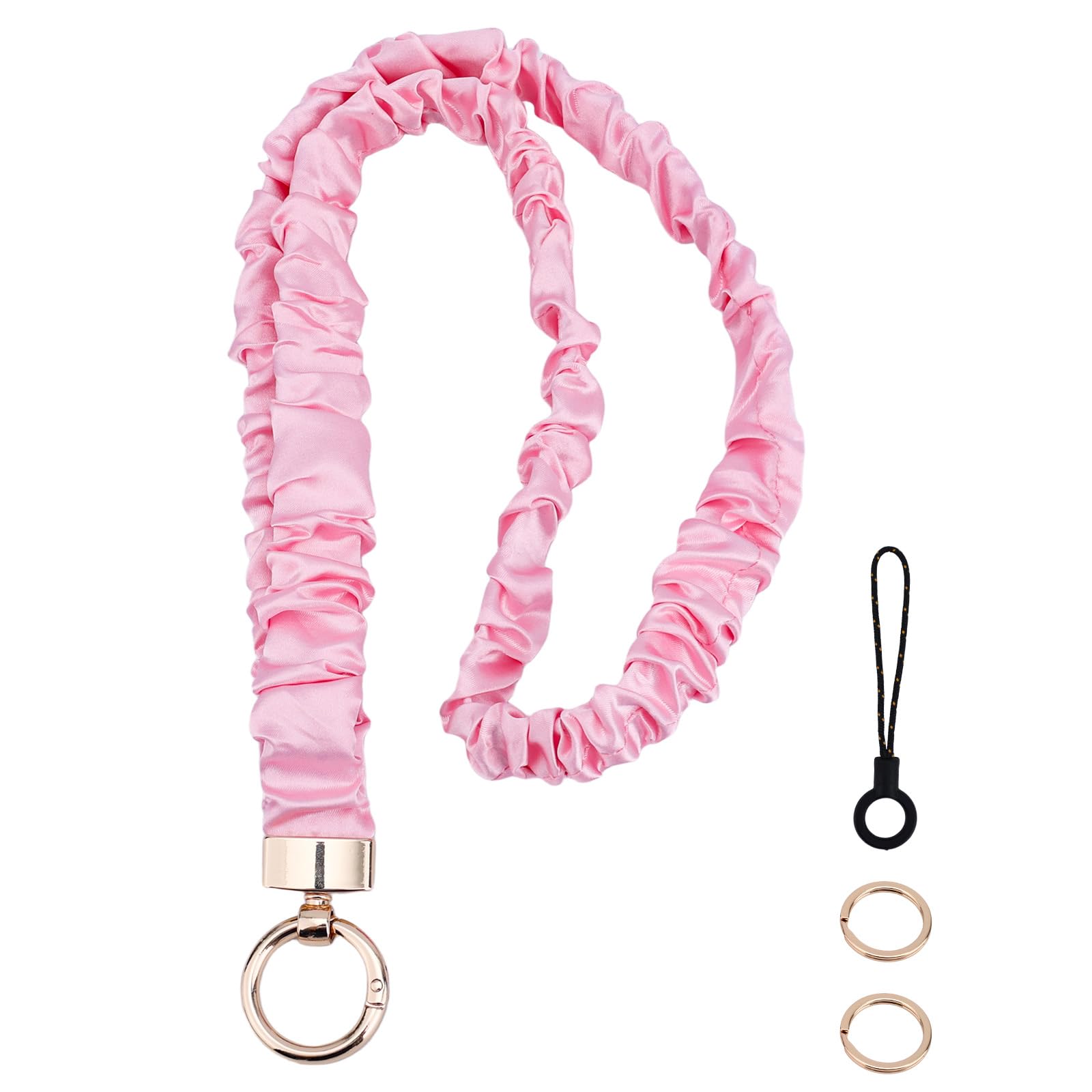 Fukaisu Stretchy Scrunchie Lanyard, Cute Neck Scrunchy Lanyards with 2 Rings and 1 Mobile Phone Strap for ID Badges Keys Bungee Elastic Breakaway Keychain Holder for Women Teacher (Pink)