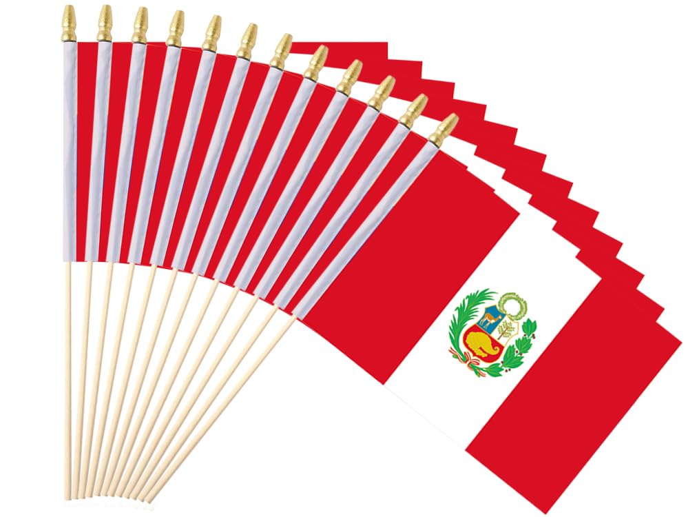 Ckexin 25Pack Small Peru Flag Handheld Mini Peruvian Flags on Stick 5x8 Inch