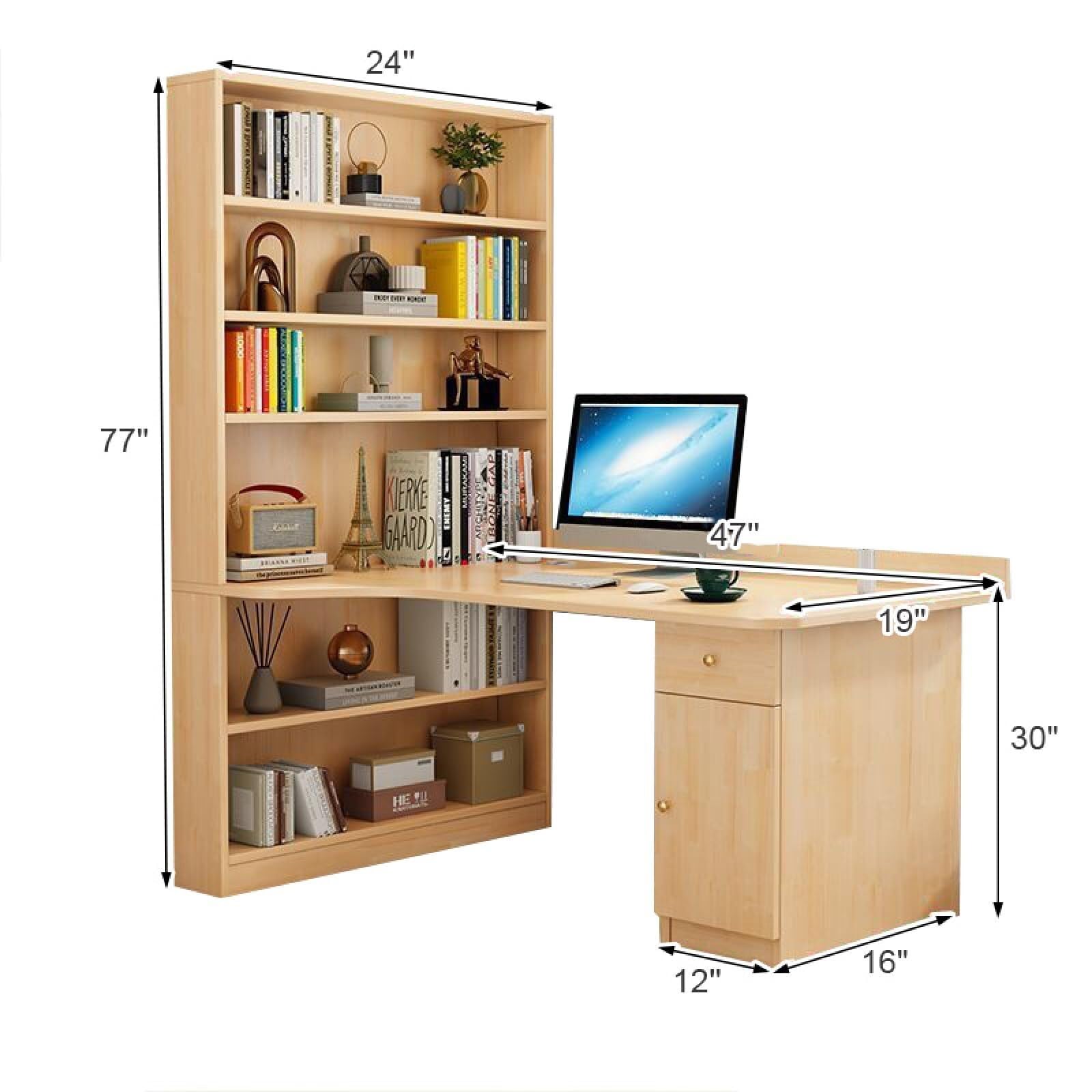 HLFURNIEU Scrivania Angolare con LED, 170 x 100 cm Scrivania Gaming a L con 3 Prese & 2 Porta USB, Tavolo Angolo Salvaspazio, con Libreria, Cassetti & Borsa Portaoggetti, Supporto per Monitor