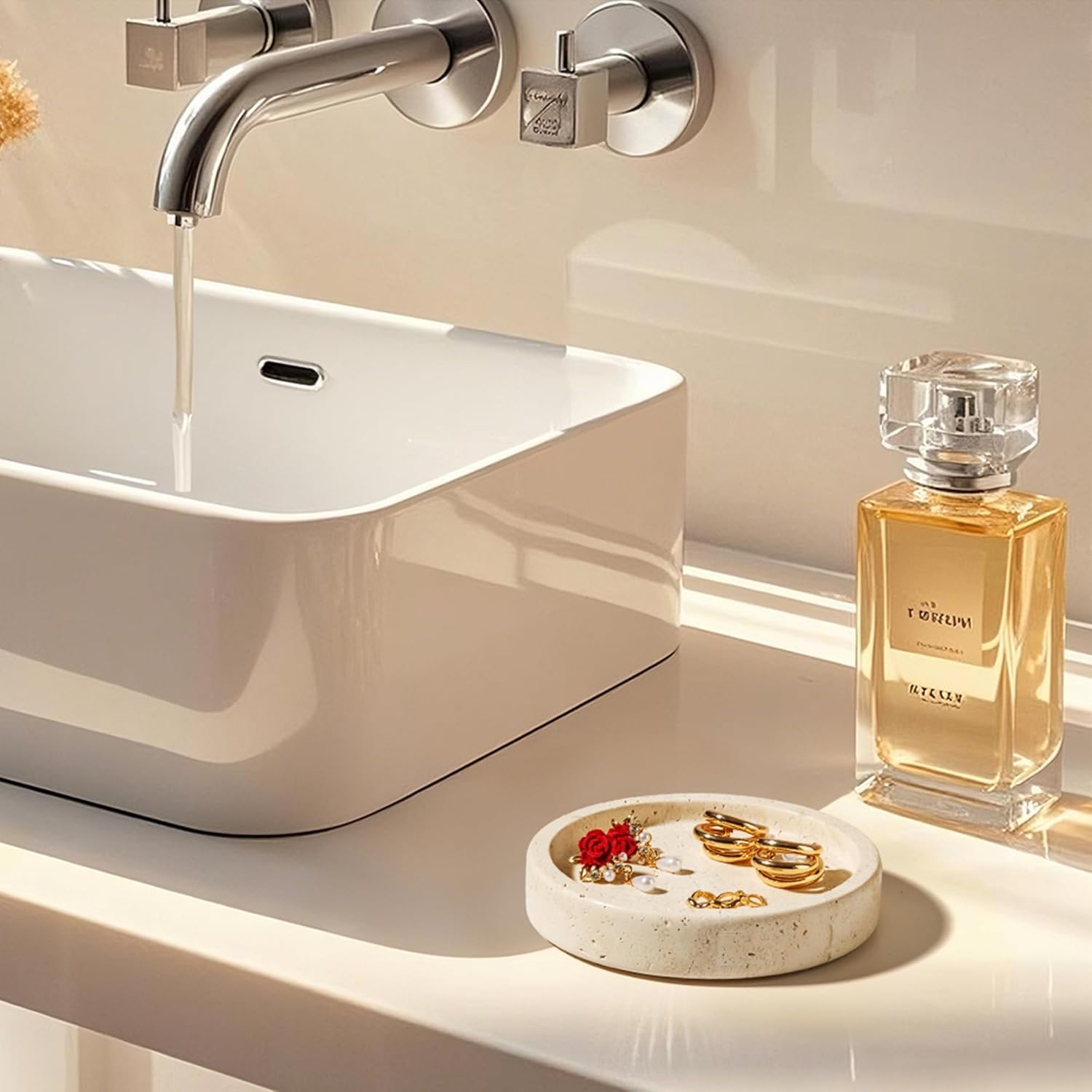 Portacandele in marmo, elegante portacandela, diametro 16 cm, beige | Vassoio decorativo fatto a mano in marmo per matrimonio, candele a colonna, candele comunione e cresima (WH063)