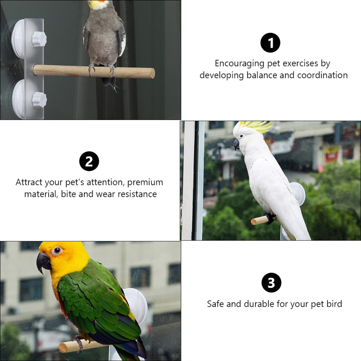 DOITOOL 3 Piezas Puesto de Loros Mascota Escalera pájaro Juguete Jaula para periquitos Juguetes Loro Soporte de Juguete Soporte de Ventosa Madera de Pimiento Estar de pie pájaro de Juguete