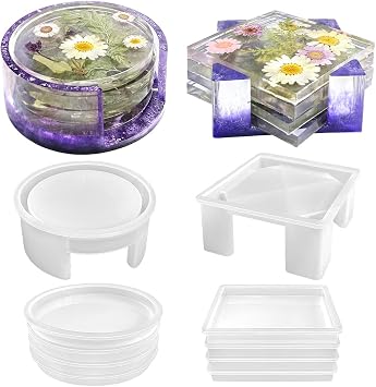 RESINWORLD Resin Coaster Molds Set, Upgrade 10 pcs Silicone Coaster Molds Kit Storage Box Mold for Resin Casting, Square Round Coaster Epoxy Molds