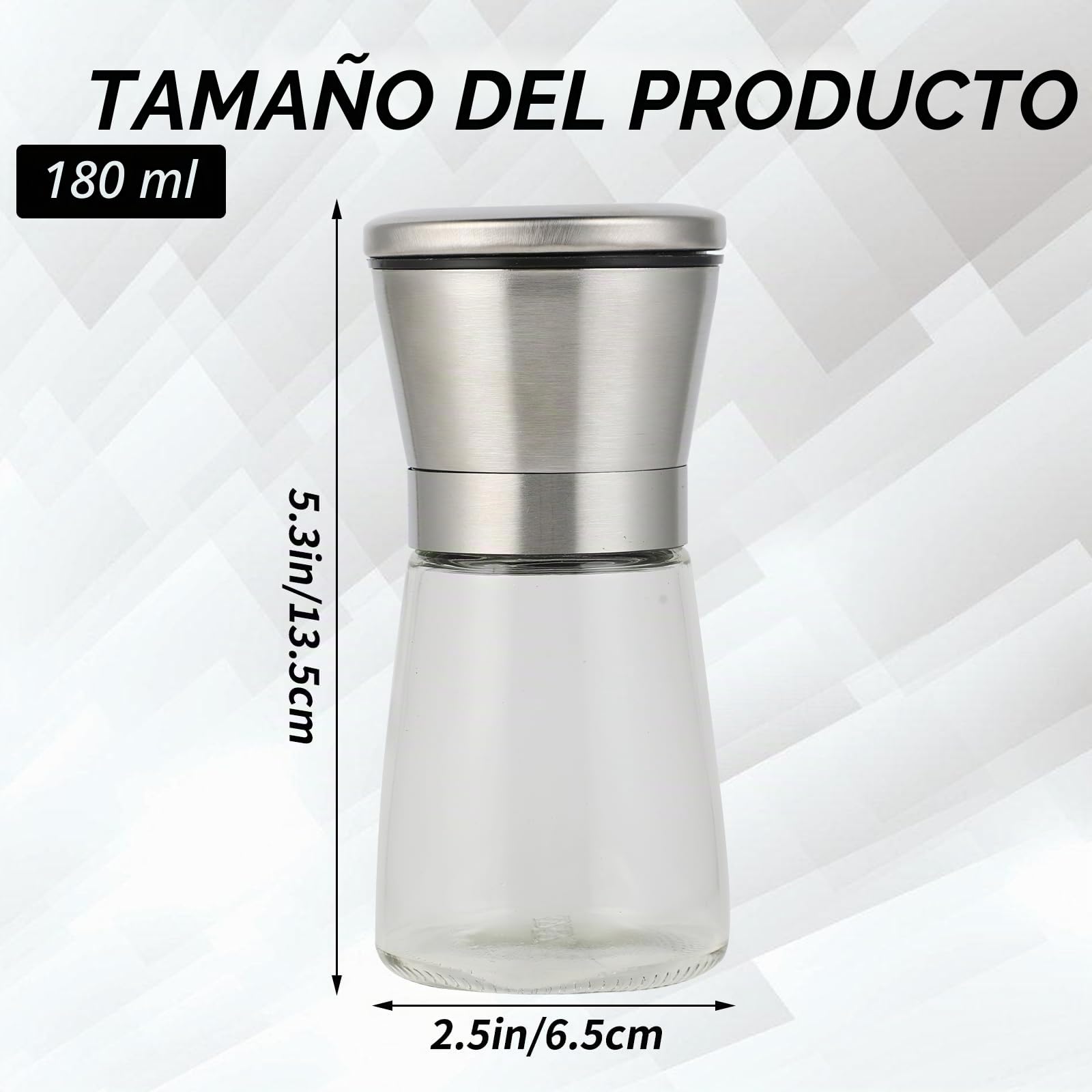 2 Piezas Molinillo Pimienta - Molinillo - Molinillo Especias, 180 ml*2, de Acero Inoxidable y Vidrio, con Mecanismo de Molienda de Cerámica Ajustable, Ideal para Moler y Rellenar Sal, Pimienta y Chile