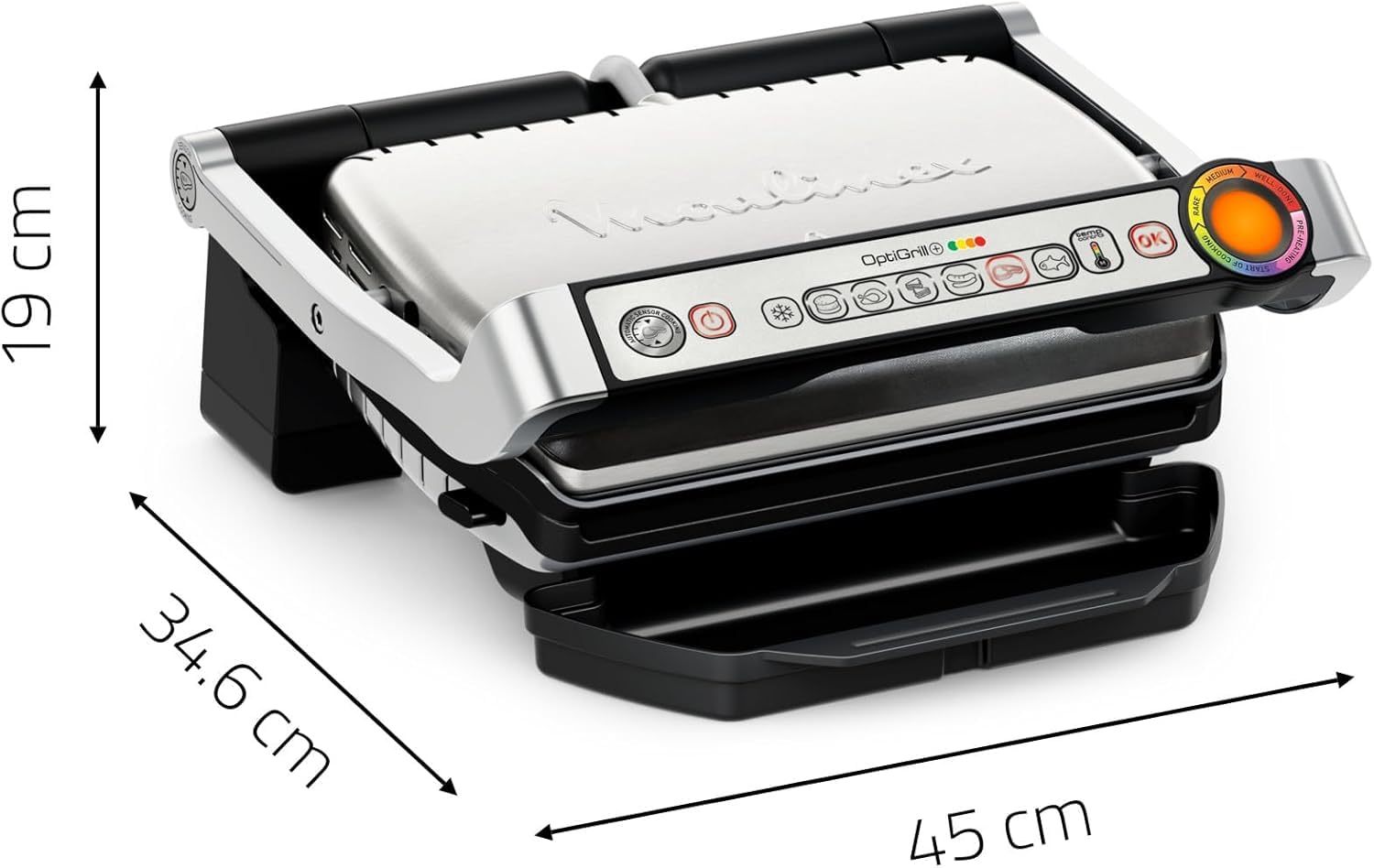 Moulinex OptiGrill+ Parrilla Eléctrica de Interior, Tecnología Patentada con Indicador de Cocción por Medición de Grosor, 6 Programas Automáticos, Piezas Aptas para Lavavajillas, GI712D10