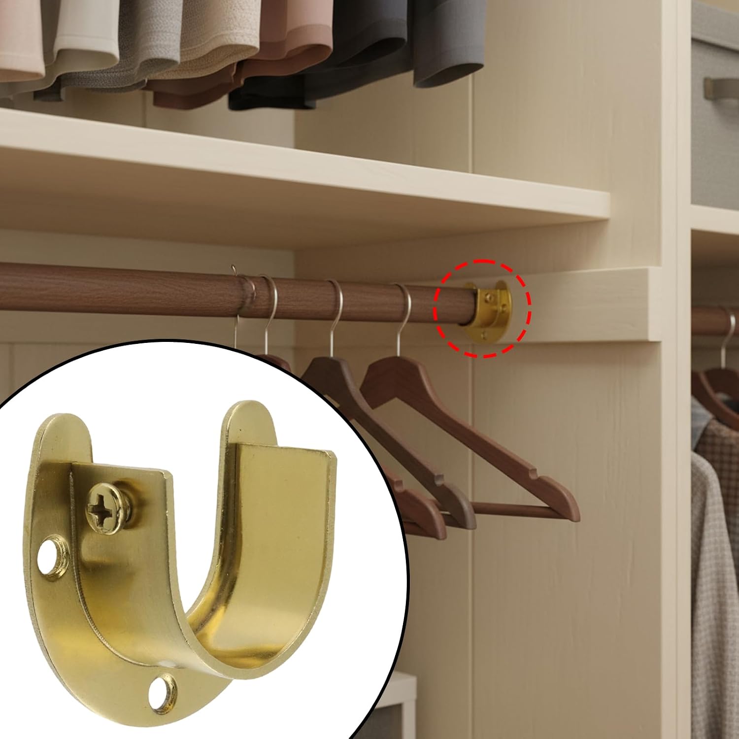 HEVSTIL 4 Packs Stainless Steel Closet Rod Bracket, 1 Inch Wardrobe Bracket Heavy Duty Closet Pole Sockets Flange Rod Holder, U-Shaped with Screws, Gold