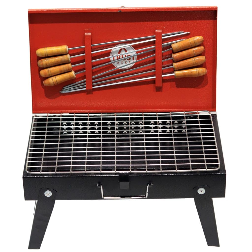 TrustBasket Foldable Briefcase Barbeque Grill Set for Home with 8 Skewers & Charcoal Tray | Portable BBQ Grill, Tandoori Grill & Chicken Grill Machine - (Red & Black) (B0CN1288RG) Amazon Price History, Amazon Price Tracker