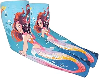 Cute Mermaid UV Sun Protection Arm Sleeves, Little Fish Gardening Sleeves with Thumb Hole Farm Cooling Arm Sleeves for Women Men