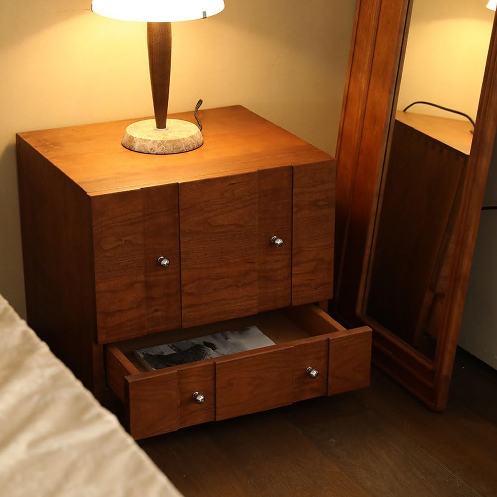 Comodino Comodino vintage in legno con cassetti e anta a ribalta Tavolo laterale