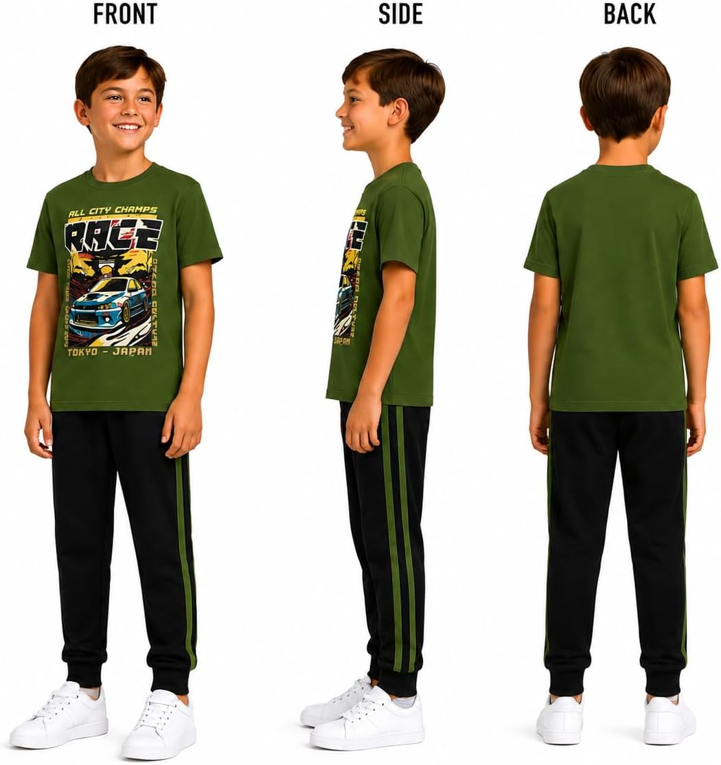 Pro Athlete Boys Sweatsuit Set - 4 Piece Short Sleeve Crewneck Athletic Graphic Tees and Tricot Jogger Sweatpants for Boys