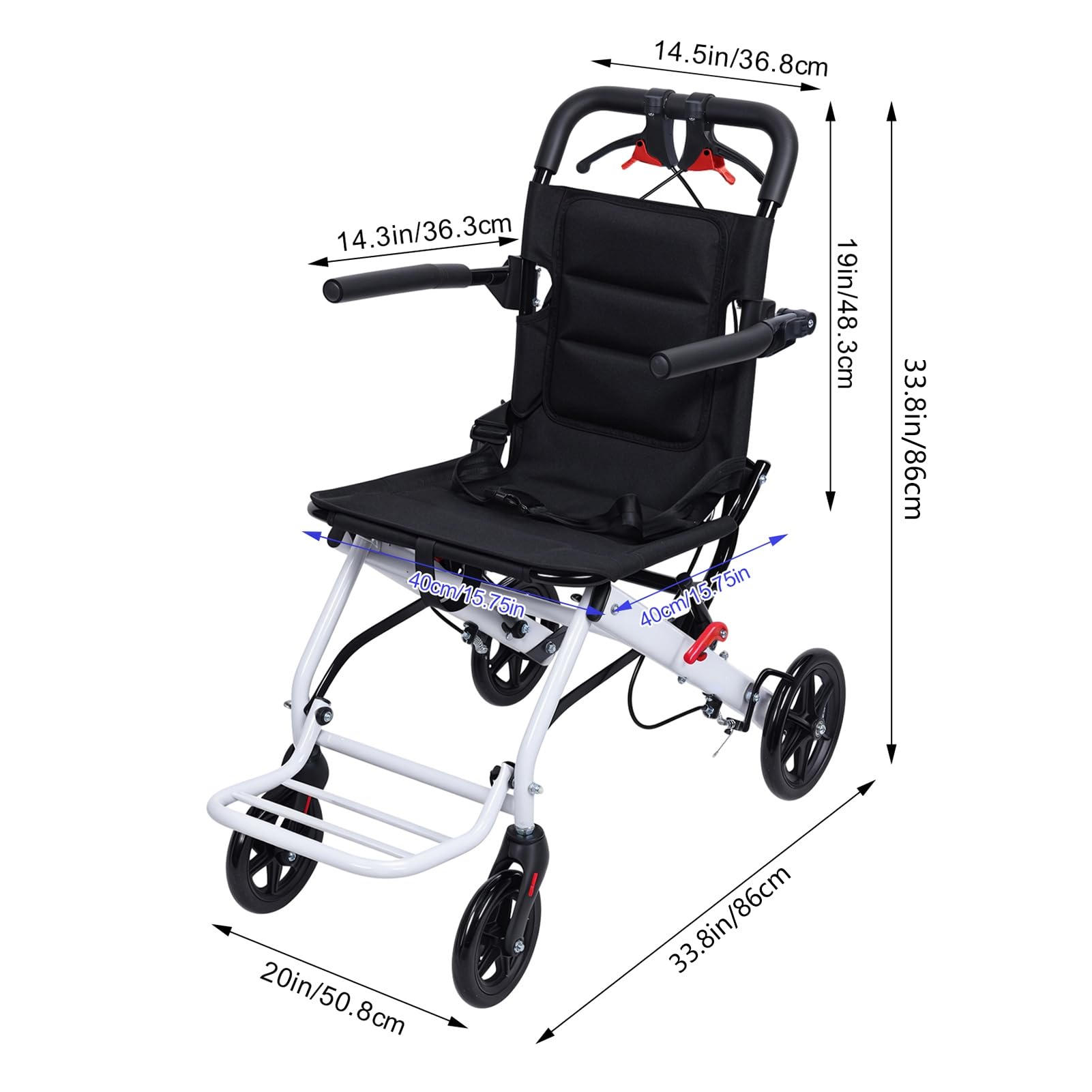 Faltbarer Transportrollstuhl für Erwachsene und Senioren, kompakter Rollstuhl mit verstellbaren Fußstützen, gepolsterter Sitz, Gewicht 8,2 kg, Weiß