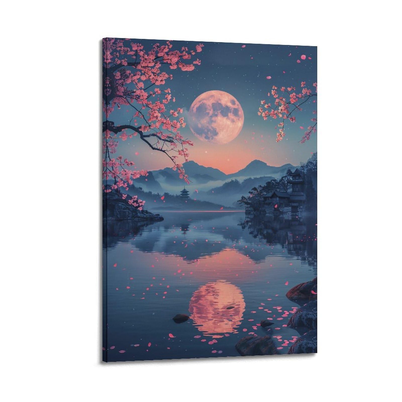 HUERYRYHY Moonlit Sakura Lake Poster Aesthetic Wall Art Painting Decor Vintage Canvas for Living Room Bed Room 24x36inch(60x90cm) Frame-style