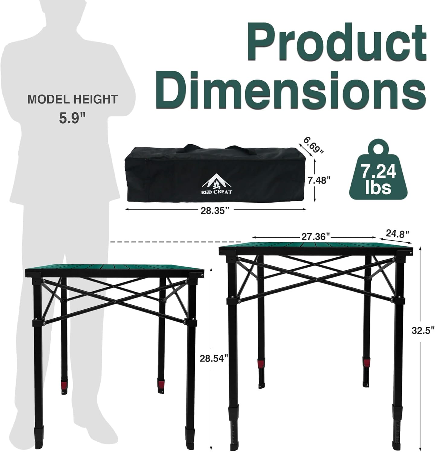 Camping Table Portable Foldable with Adjustable Height, Lightweight Collapsible Aluminum Roll-Up Camp Table with Storage Bag & Carry Bag, Heat-Resistant for RV Picnic BBQ Camping (Large 28"×25")