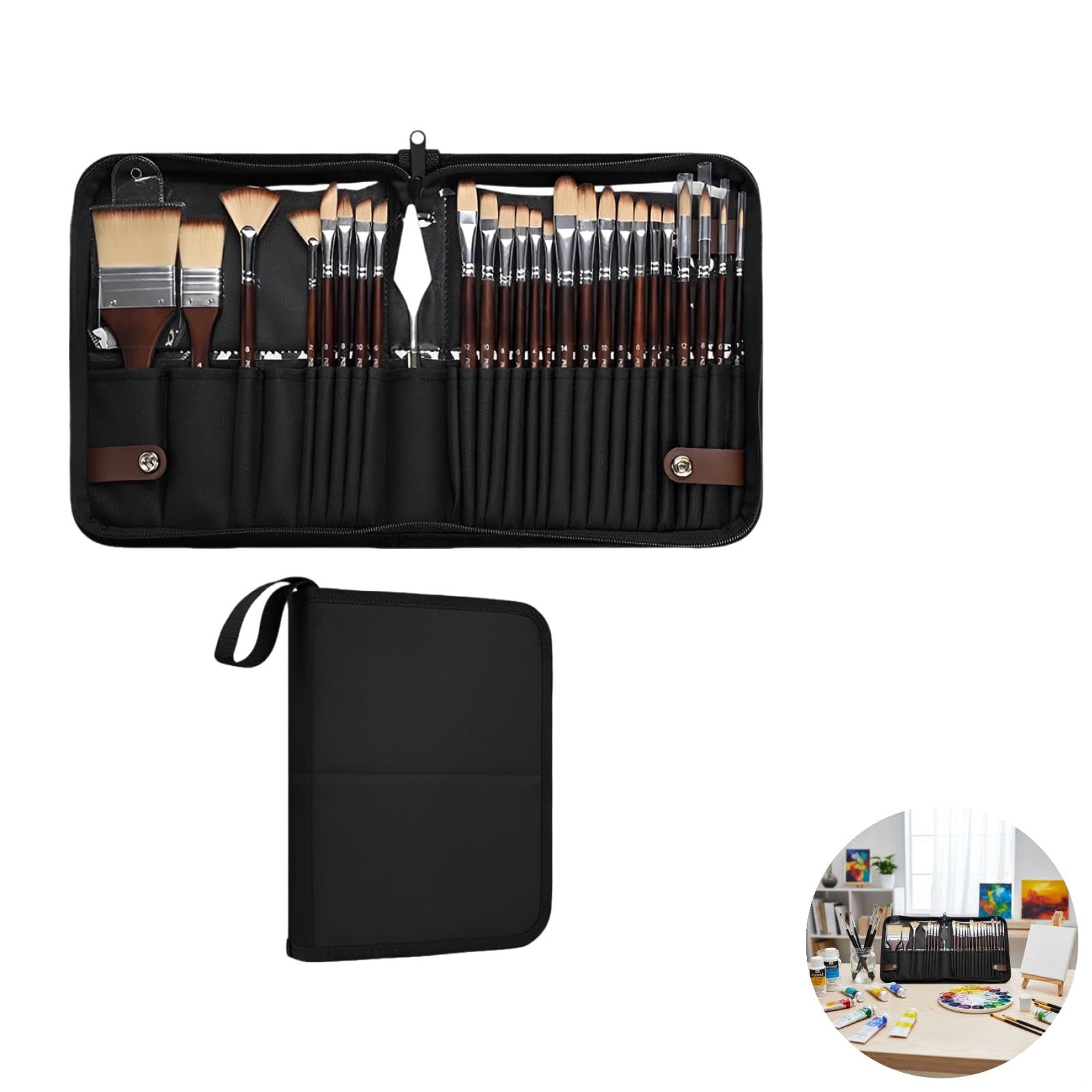 Professionelles Nylon-Haar-Pinsel-Set, für Aquarell, Acryl, Gouache, mit mehreren Pinselspitzen, Farbmischspatel, Holzgriffe, tragbare, faltbare Tragetasche, 26-teilig