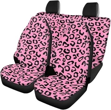 Pink Leopard Print Car Seat Covers Full Set Front and Rear Split Bench Car Seat Cover Universal Fit Interior Accessories for Most Cars Trucks and SUVs