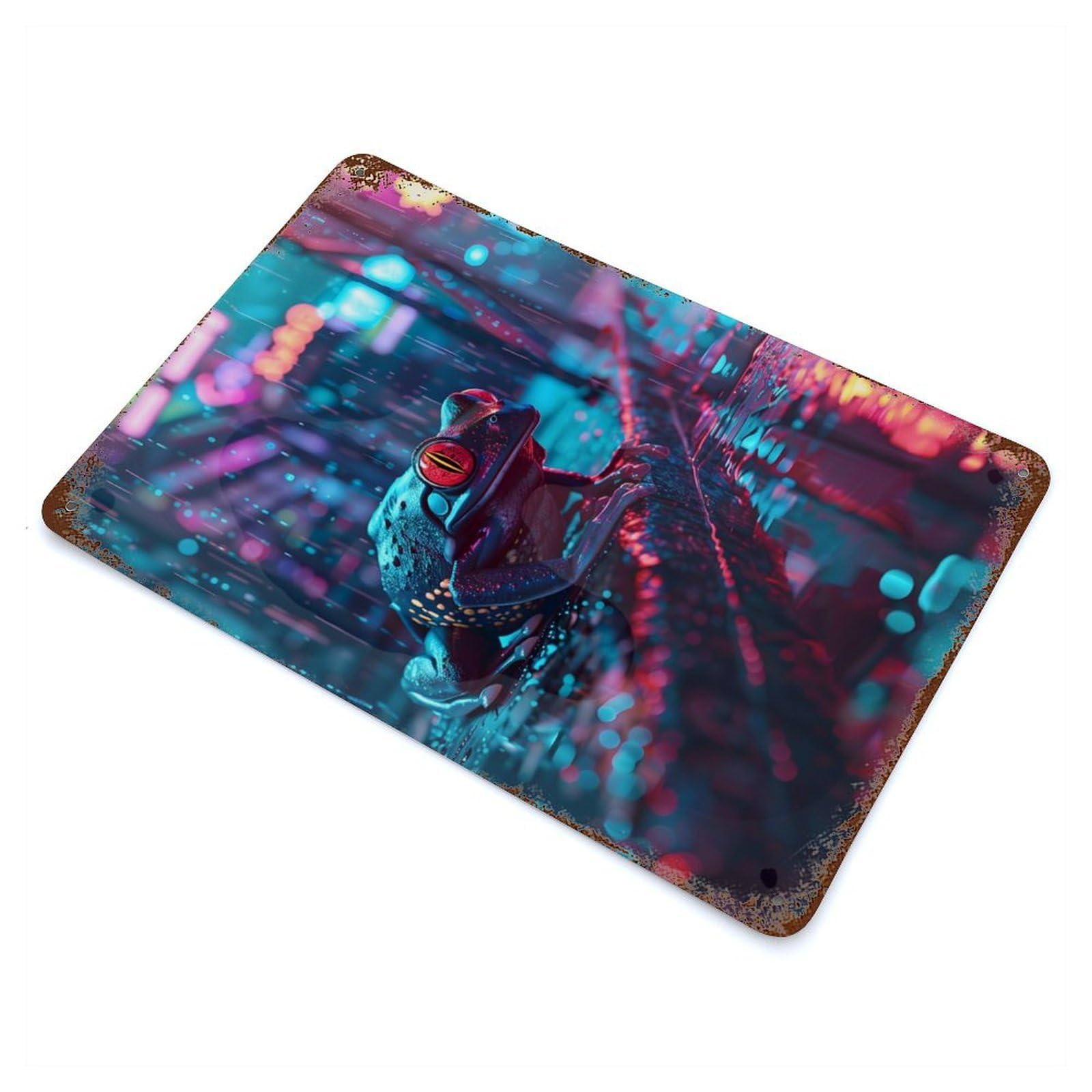 Frog in Rainy Cityscape 11.8"x7.9" Rustic Tin Plaque, Novelty Wall Decor for Living Room, Hallway And Home Decor