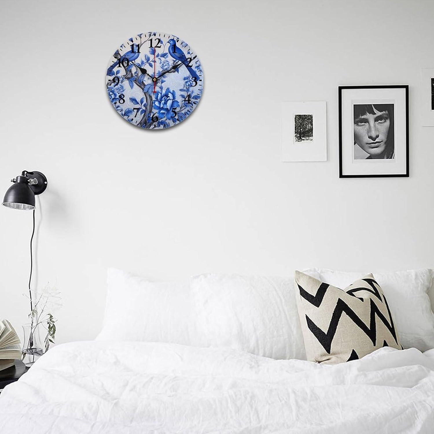 16 Inch Wall Clock Navy Blue Watercolor Spring Flower Bird Rustic Wooden Art Hanging Clock Battery Operated Silent Non-Ticking Arabic Numbers Flying Bird Flower Blue White Clock Living Room Office