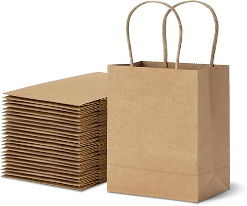 TOWRAP Bolsas de papel marrón con asas, 100 bolsas de regalo Kraft de 5 x 3 x 5 pulgadas, a granel, bolsas de compras, bolsas de fiesta, bolsas de