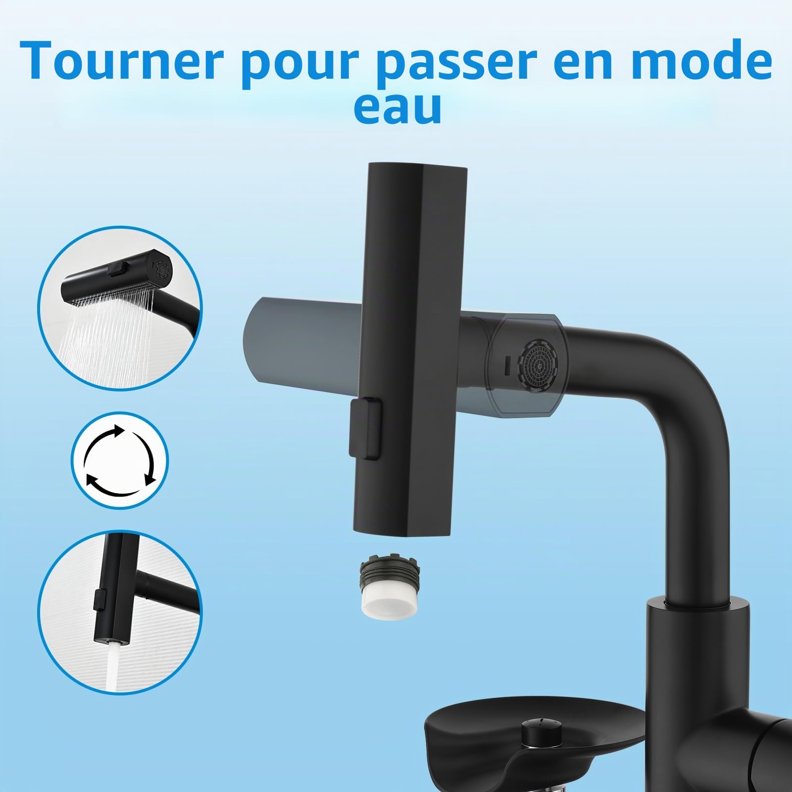 Robinet Cuisine Noir Lave-verres Mitigeur Extractible à 3 Modes de Sortie | Mitigeur Mynaiad Robinet Cuisine Douchette Lave-verres, 3 Flux, Rot 360°, Acier 304 Brossé Adapté Cuisine, Bar, salle de Bain