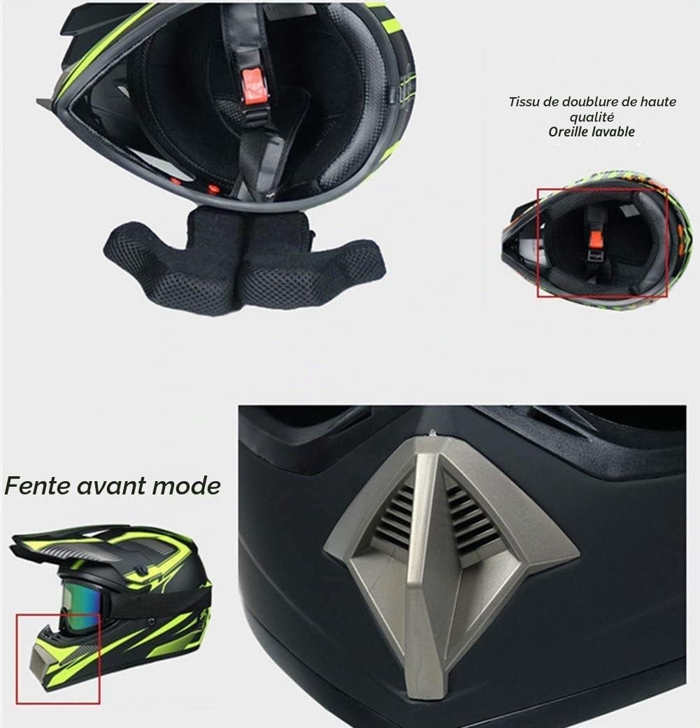 Jeunes Enfants Casque de Motocross, avec Lunettes Gants Masque, Unisexe Confortable Intégral Tout-Terrain VTT Scooter Moto Casques, Descente Enduro BMX VTT Dirt Bike Crash Casque