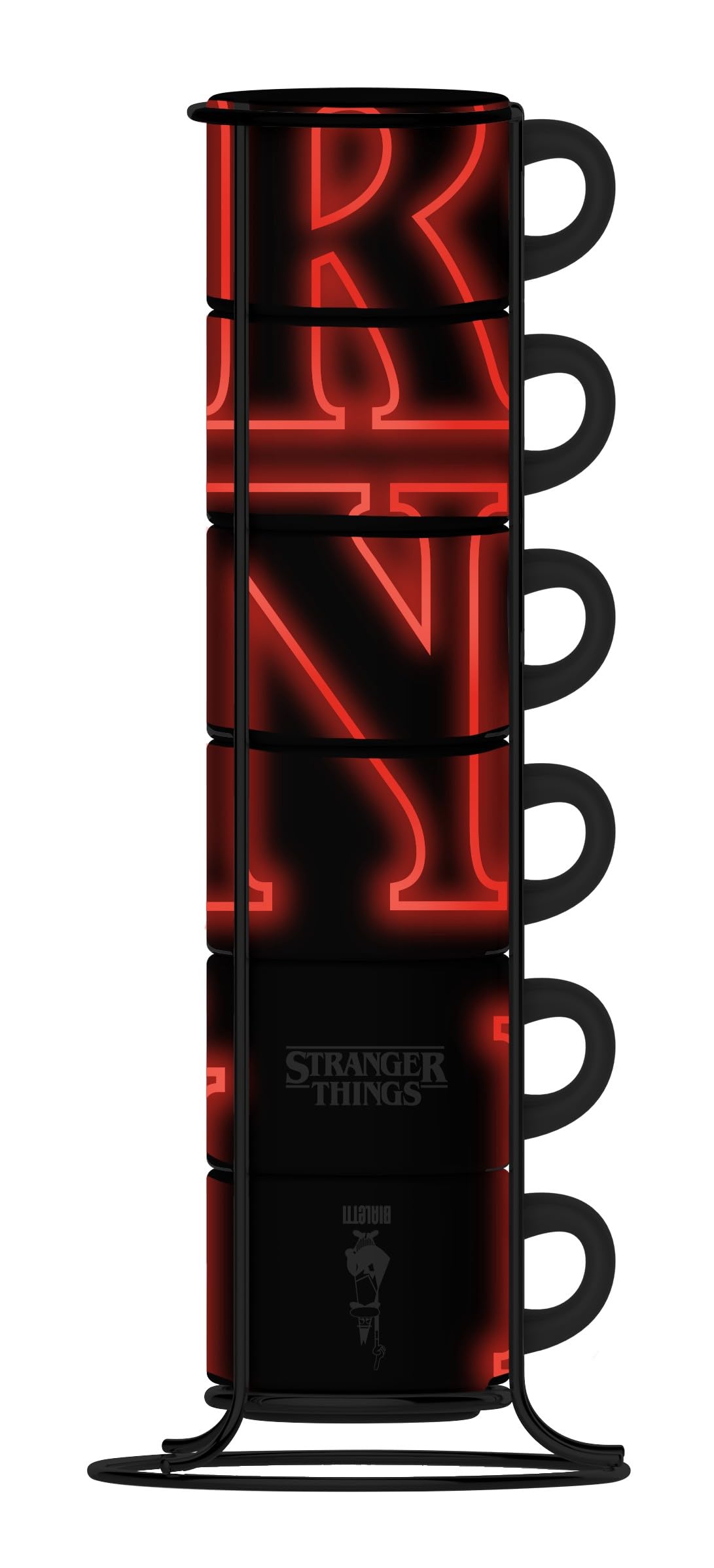 Bialetti Set de 6 tazas apilables Stranger Things – Fluorescentes, brillan y cambian de color en la oscuridad, no aptas para lavavajillas, 80 ml cada una, negro