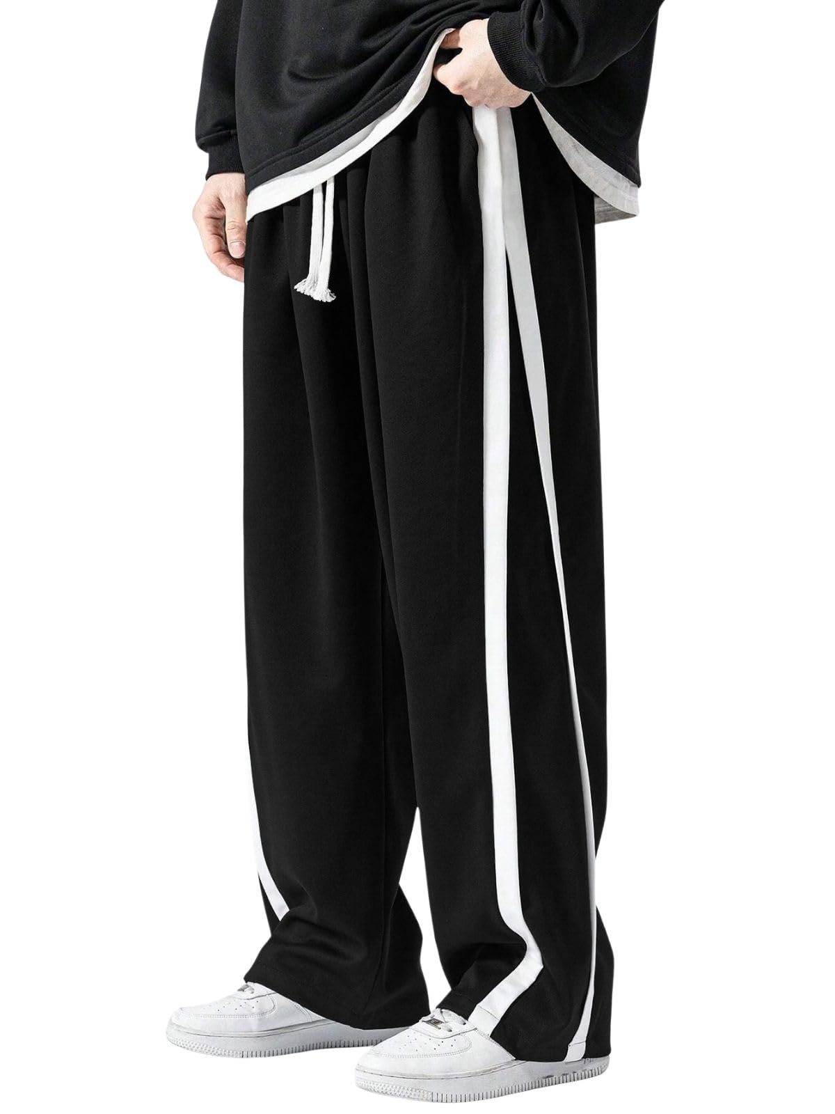 GRECIILOOKS Men’s Wide Leg Track Pants with Contrast Side Panel || Relaxed Drawstring Fit Streetwear Trousers || Poly Blend Casual Joggers