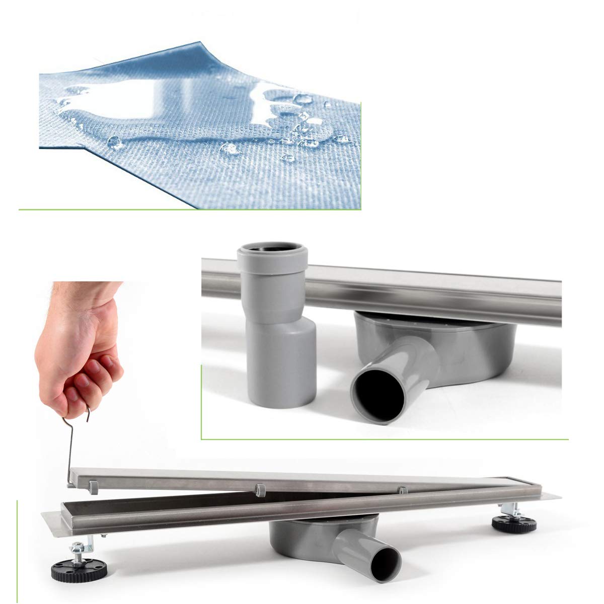 VBChome Canaleta de desagüe de ducha alicatable, de 90 cm, de doble cara, para suelo, de acero inoxidable, muy plana, sifón con autolimpieza, tamaños 60-100 cm, juego completo para cuarto de baño