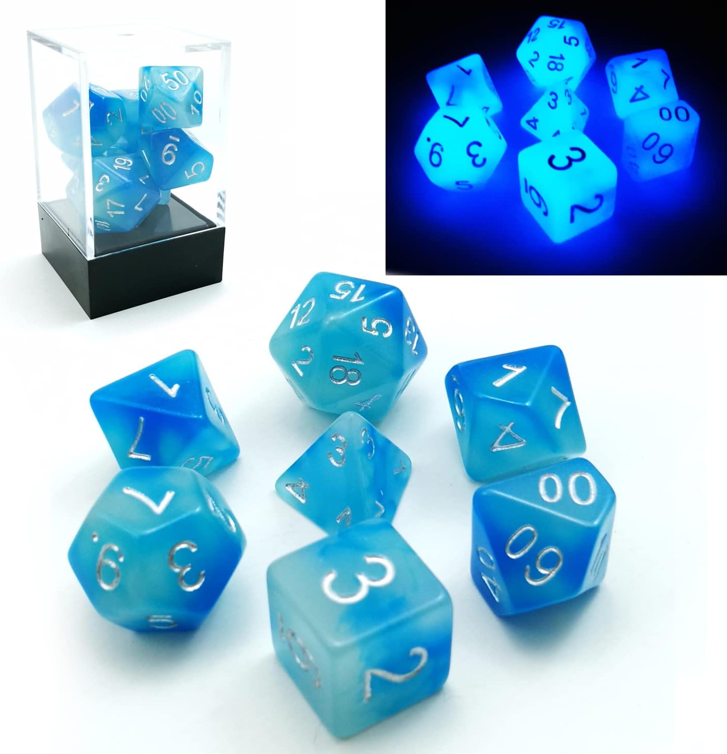 BESCON DICE Gemini Glowing Polyhedral 7pcs Set ICY Rocks, Luminous RPG d4 d6 d8 d10 d12 d20 d%, Brick Box Packaging
