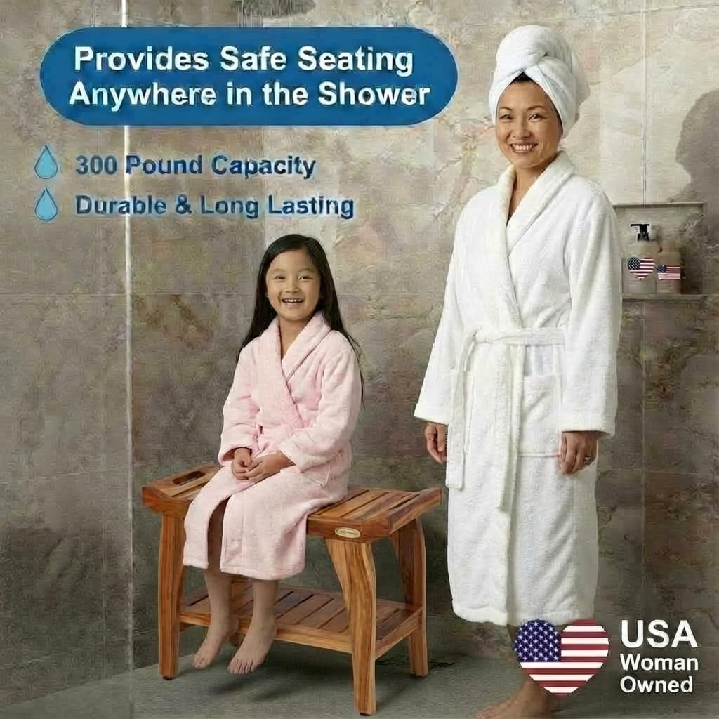 EcoDecors 30 Inch Tranquility Natural Color Waterproof Teak Wood Shower Bench Stool Seat Chair For Inside Shower Storage Shelf Provides Safety, Storage, and Organization For Bathroom Accessories