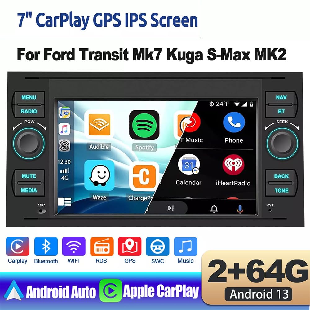 4+64G Android 13 Car Radio for Ford C-Max Connect S-Max 2007-2009, Ford Transit MK7 2005-2014, 7 inch Touch Screen Radio Double Din Carplay Android Auto Stereo Bluetooth FM RDS AHD Backup Camera SWC