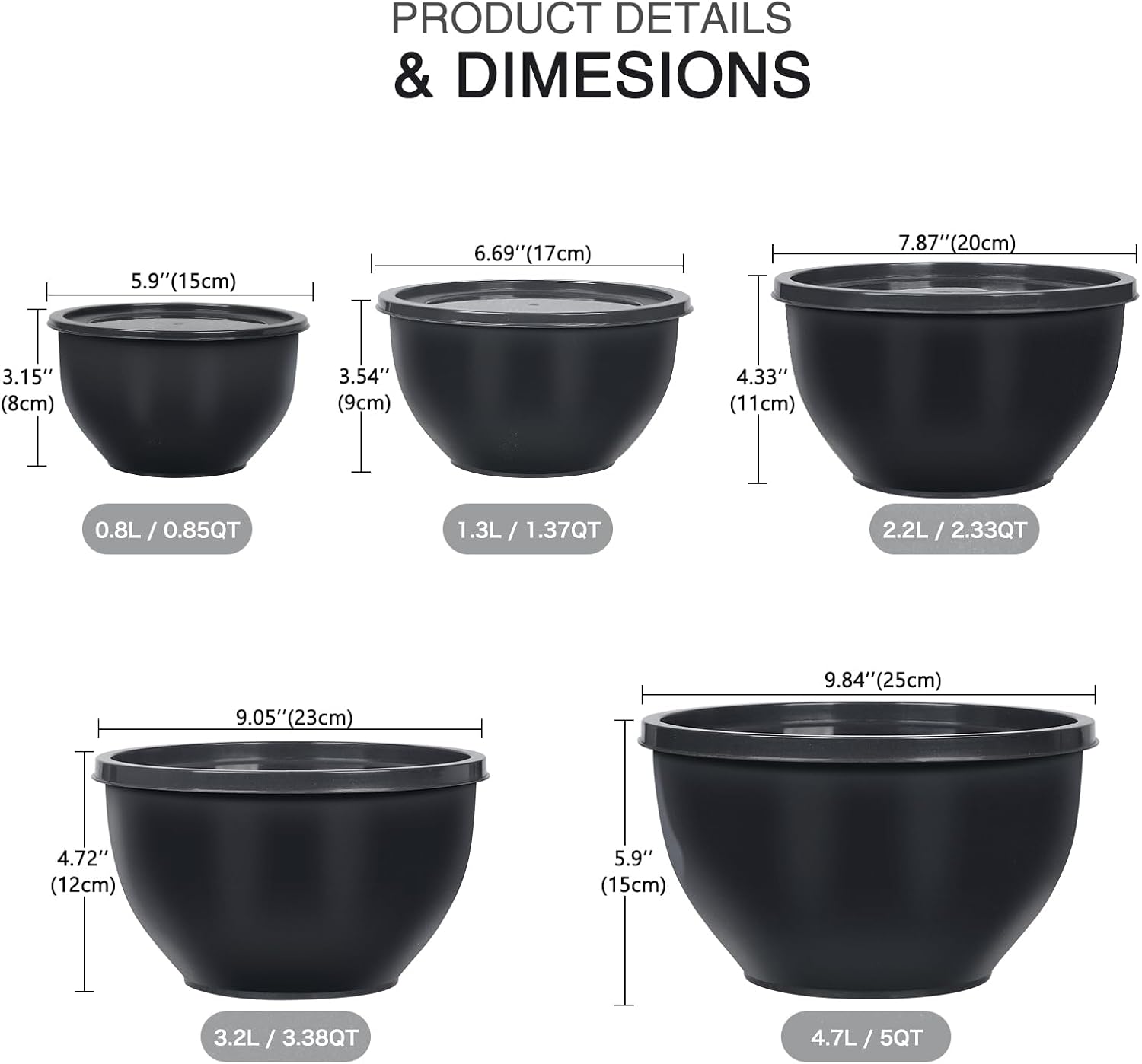 Plastic Mixing Bowls with Lids Set for Kitchen, Nesting Bowls for Mixing, Baking, Prepping, Cooking and Serving Food, Mixing Bowls Dishwasher, Microwave Safe (Dark Gray) - Image 2