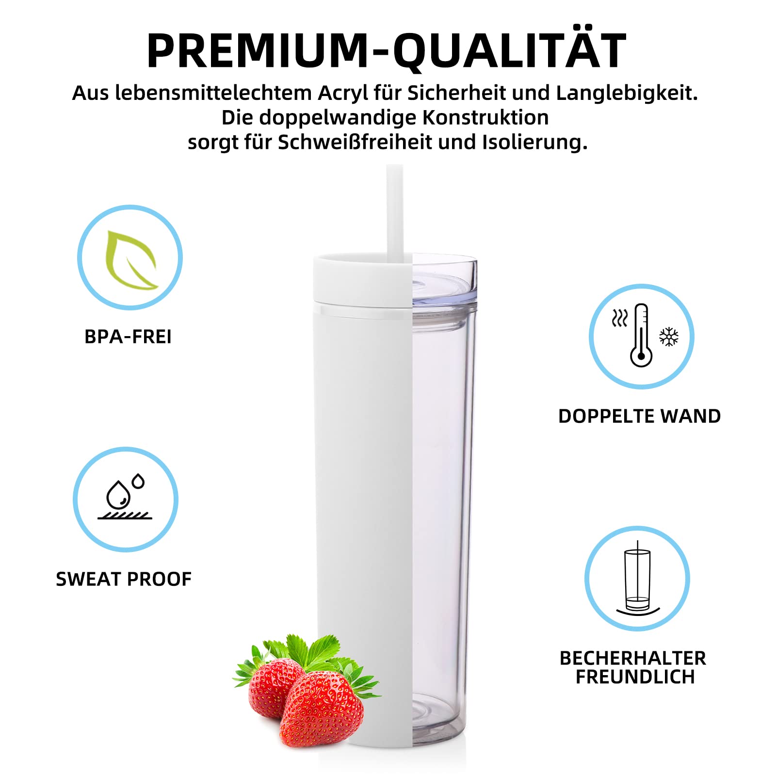 Volhoply 600 ml Trinkbecher mit Deckel und Strohhalm Zehnerpack,20oz Doppelwandiger Wiederverwendbar Reisebecher Kinder,BPA-freier Matte Pastellfarben Acryl-Plastikbecher für Geschenk(Weiß,10 Stück)