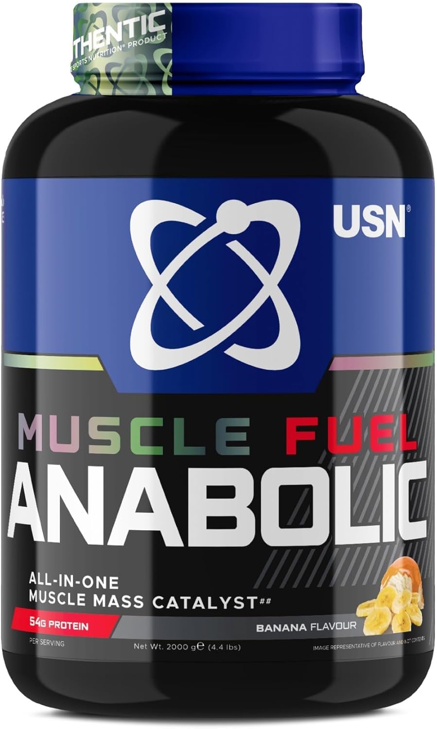 USN Muscle Fuel Anabolic All-In-One Muscle Mass Gainer, Banana Flavour – 2kg, 54g Protein Powder, 5g Creatine Powder & 5g BCAA Powder For Maximum Muscle Growth, Post Workout Recovery Drink Mix