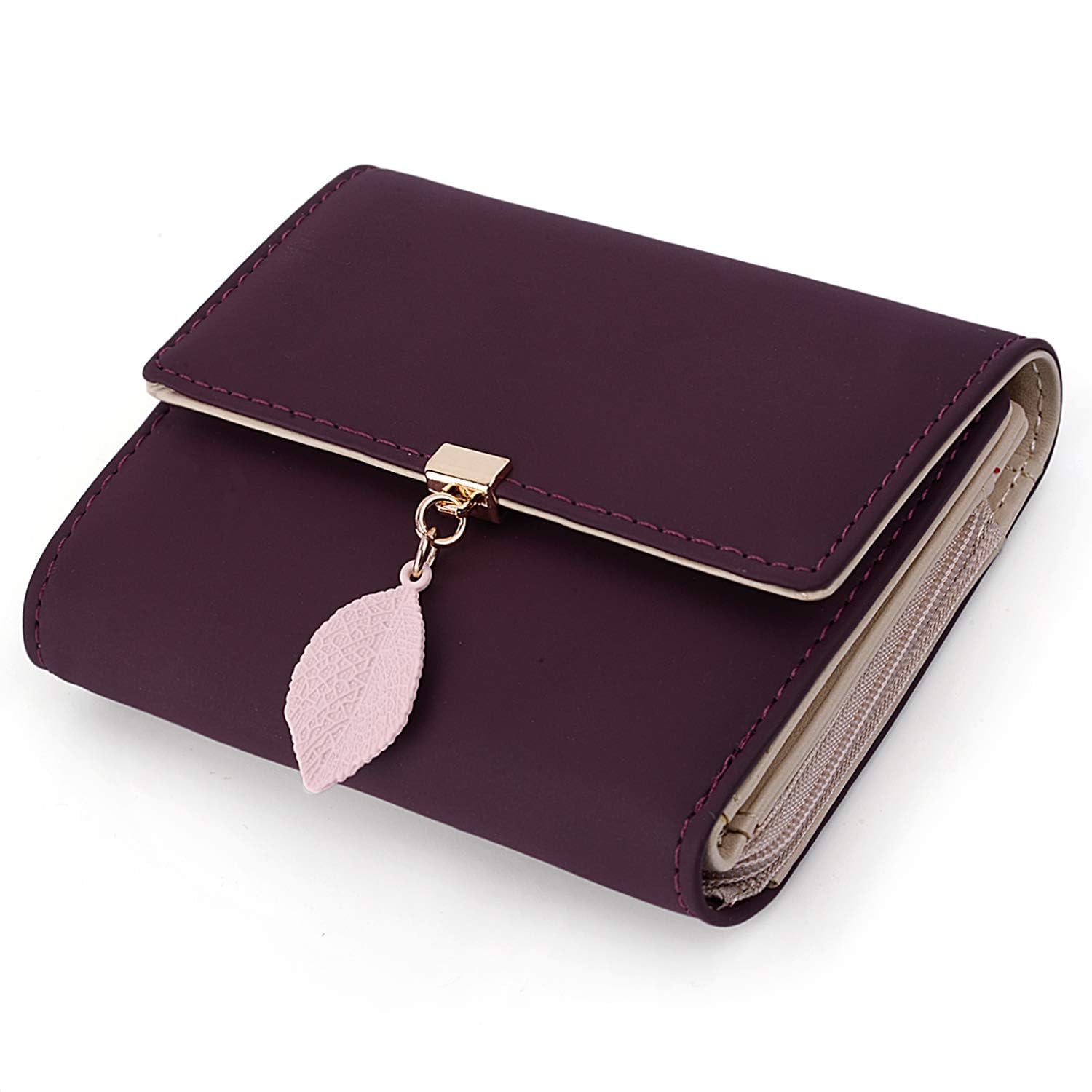 UTO RFID Wallet for Women PU Leather Leaf Pendant Card Holder Phone Checkbook Organizer Zipper Coin Purse
