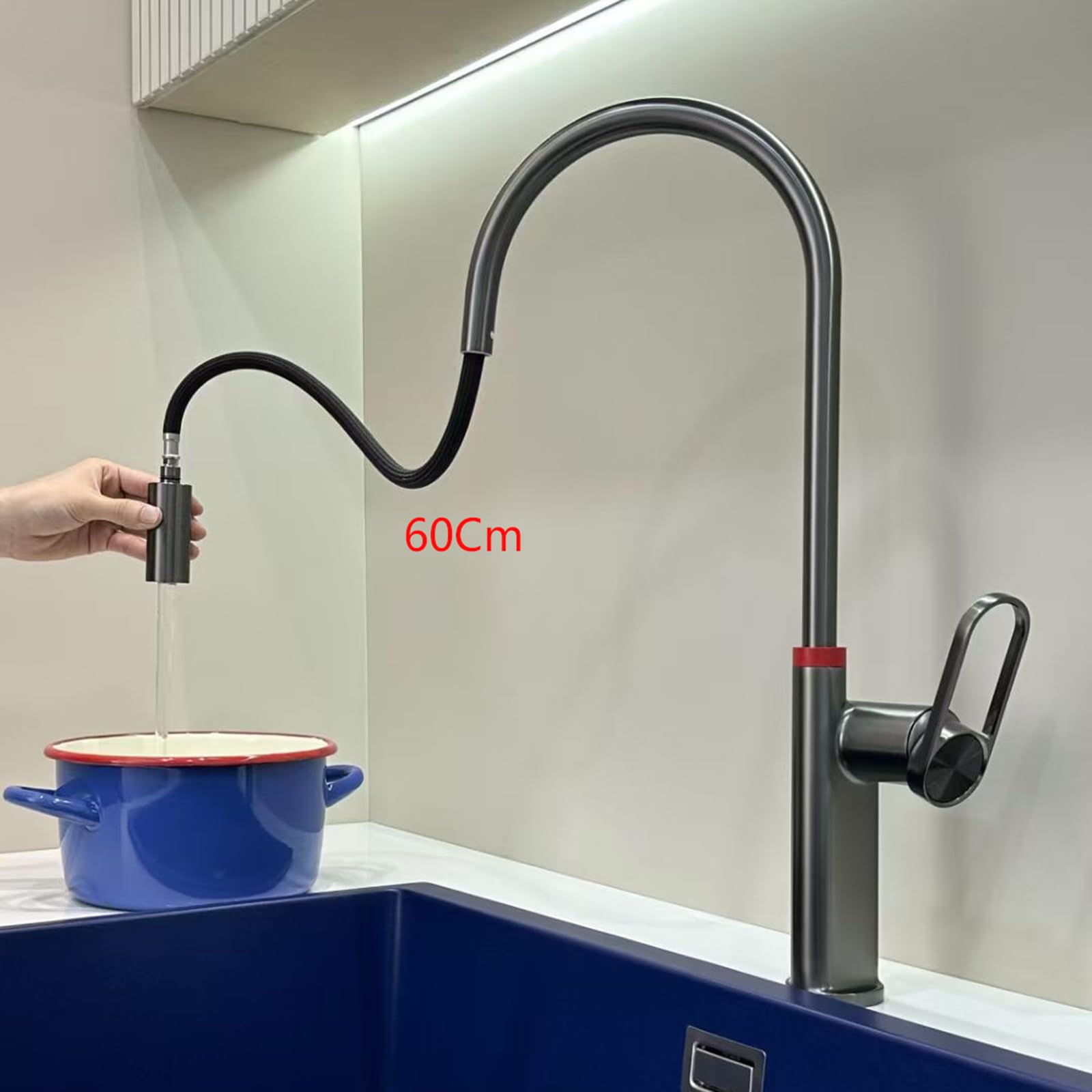 QHQQXN Bateria kuchenna zlewozmywakowa o wysokim łuku z wyciąganą wylewką, 2-funkcyjna, obrotowa bateria mieszająca o 360°, pojedynczy uchwyt, mosiężna konstrukcja, szare wykończenie do nowoczesnych