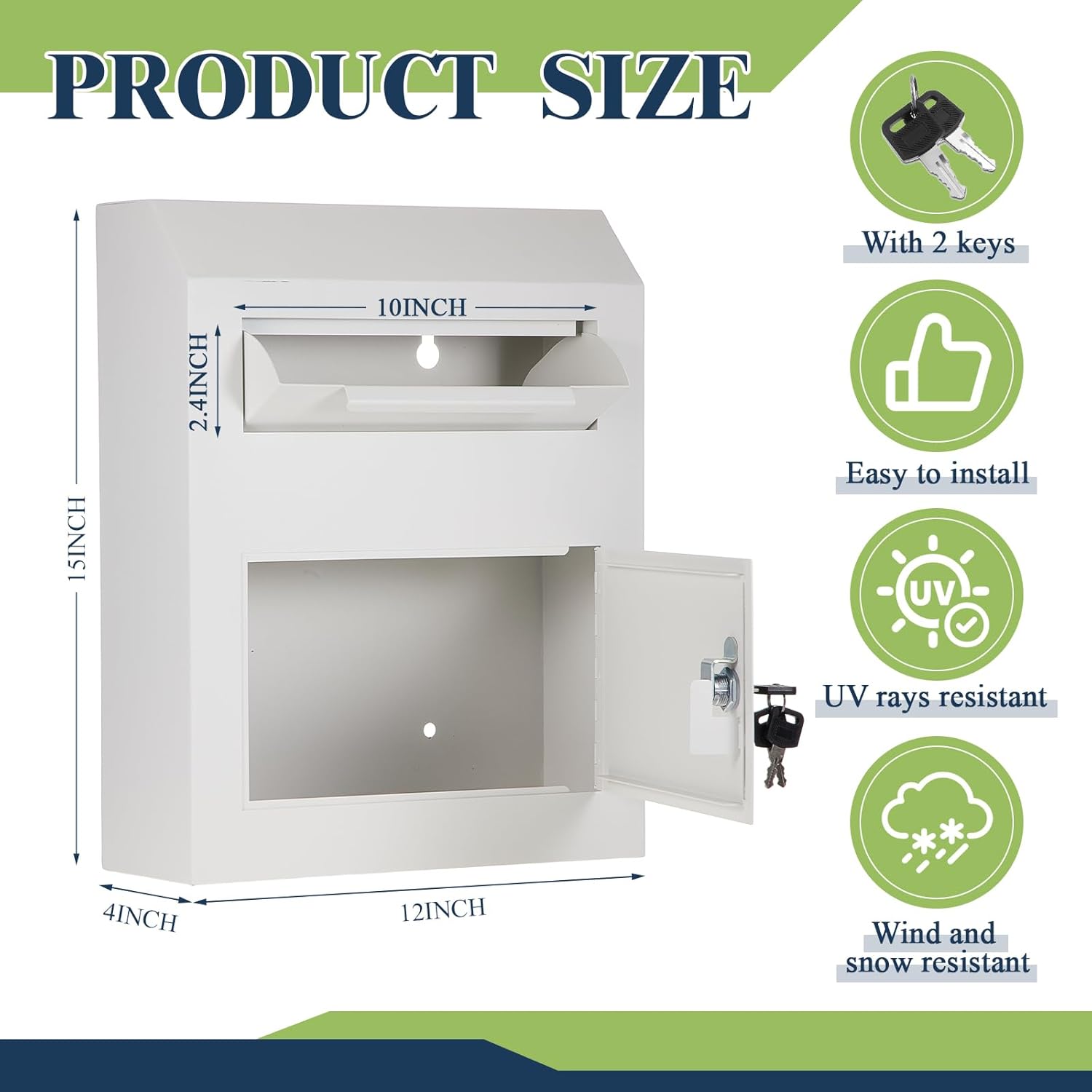 Key Lock Mailboxes for Outside Locking Wall Mount Mailbox Security Key Drop Collection Boxes for Home Business Rent Payments, Mail, Keys, Cash, Checks 15 x 12 x 4 Inches(White)