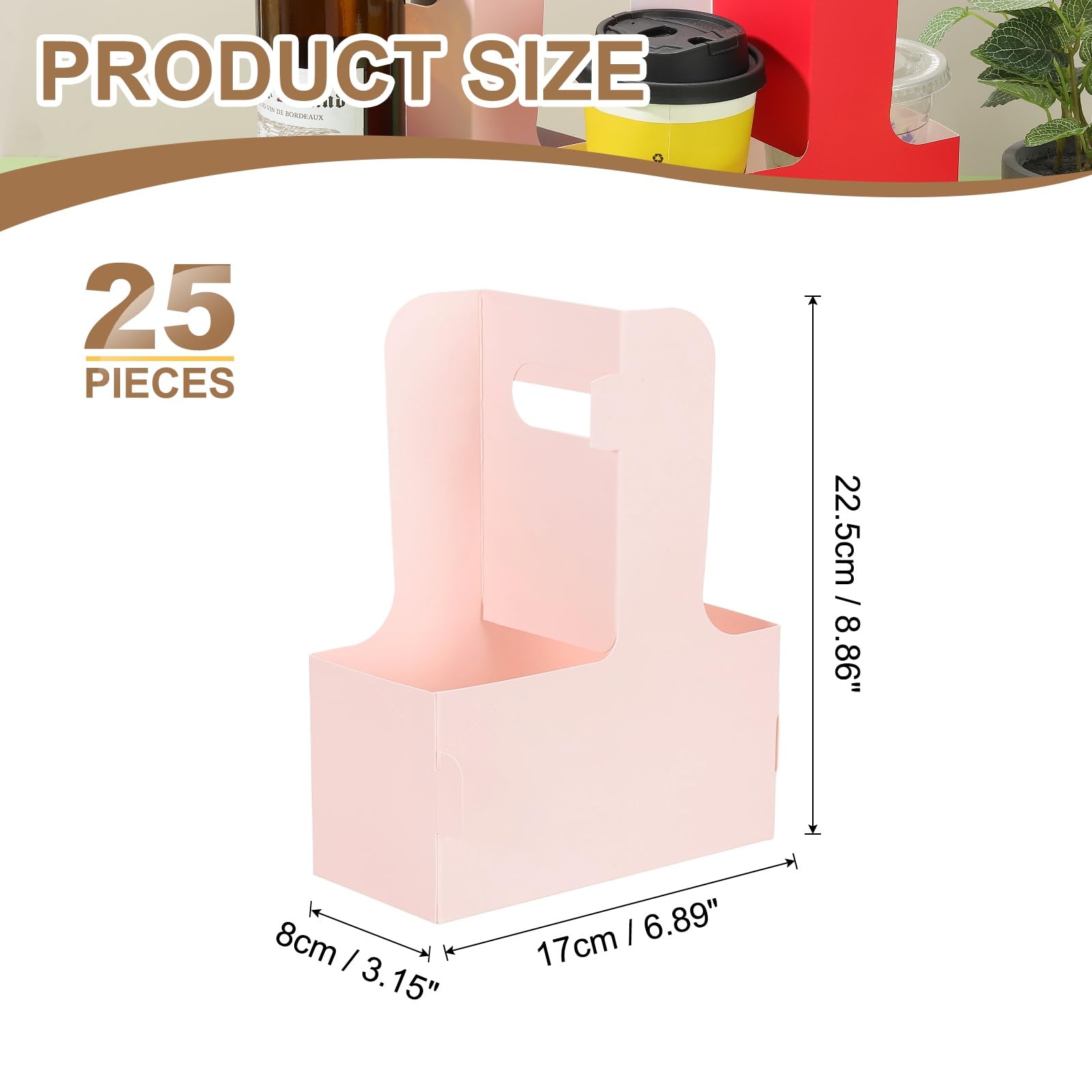 PATIKIL Lot de 25 porte-gobelets avec poignée en carton kraft pour boissons chaudes ou froides, sacs cadeaux floraux, boîtes d'emballage pour fête, rose