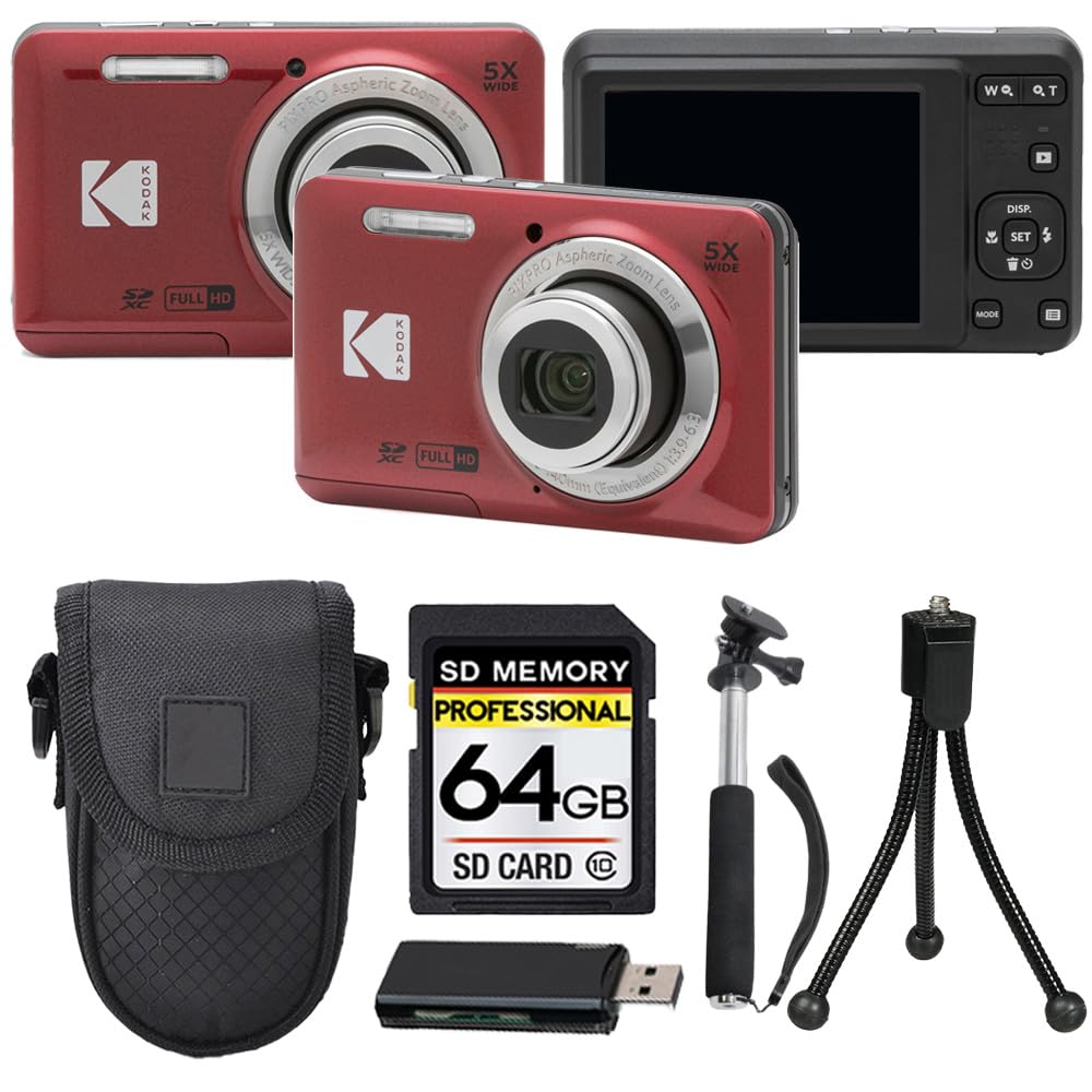 Kodak PIXPRO FZ55 Digital Camera, 16MP Compact Point & Shoot, 5X Optical Zoom, 28mm Wide Angle Lens, 1080P HD Video, Red + 64GB SD Card, Case, Selfie Stick, Mini Tripod & USB Card Reader-image-18