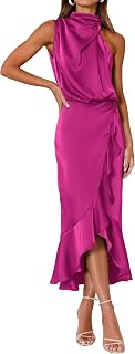 Women 2025 Summer Fall Satin Mock Neck Wedding Guest Party Cocktail Midi Dress Sleeveless Wrap Ruffle Formal Dresses