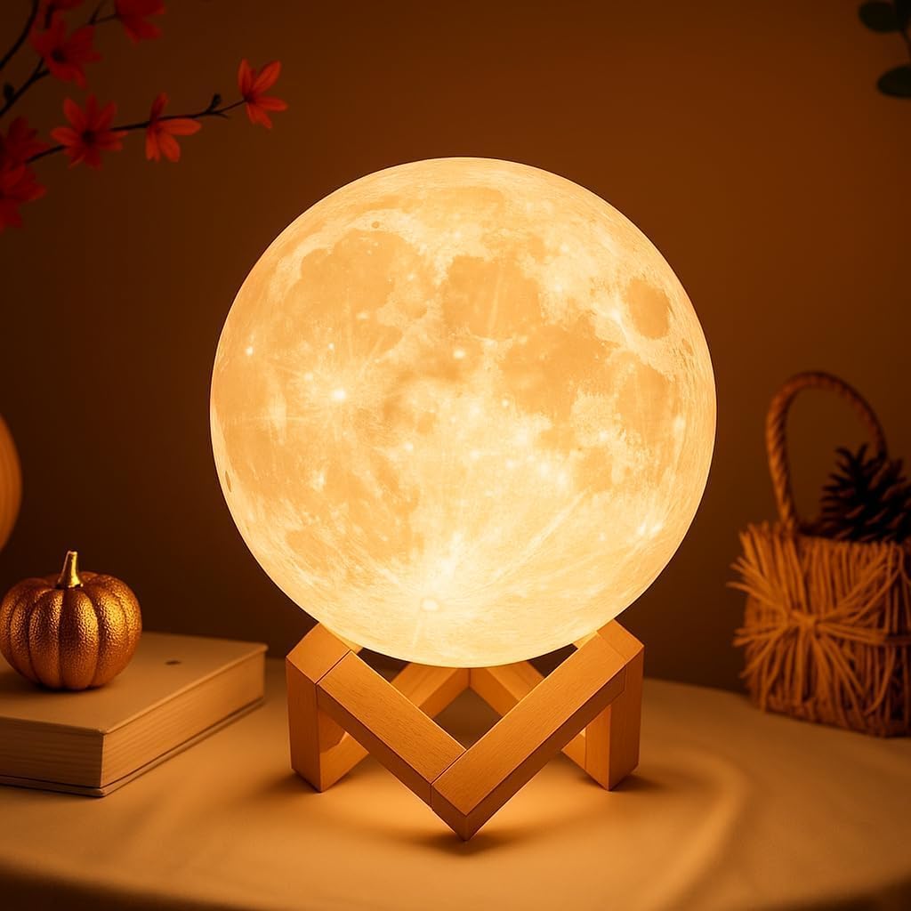 White and Yellow 4.7 Mydethun Moon Lamp - 3D Printed LED Night Light 4.7' with Wooden Base, White Elephant Gift for Women, Mom, Kids, Christmas Thanksgiving Table Decor Touch-Dimmable & Dual-Color, White & Yellow